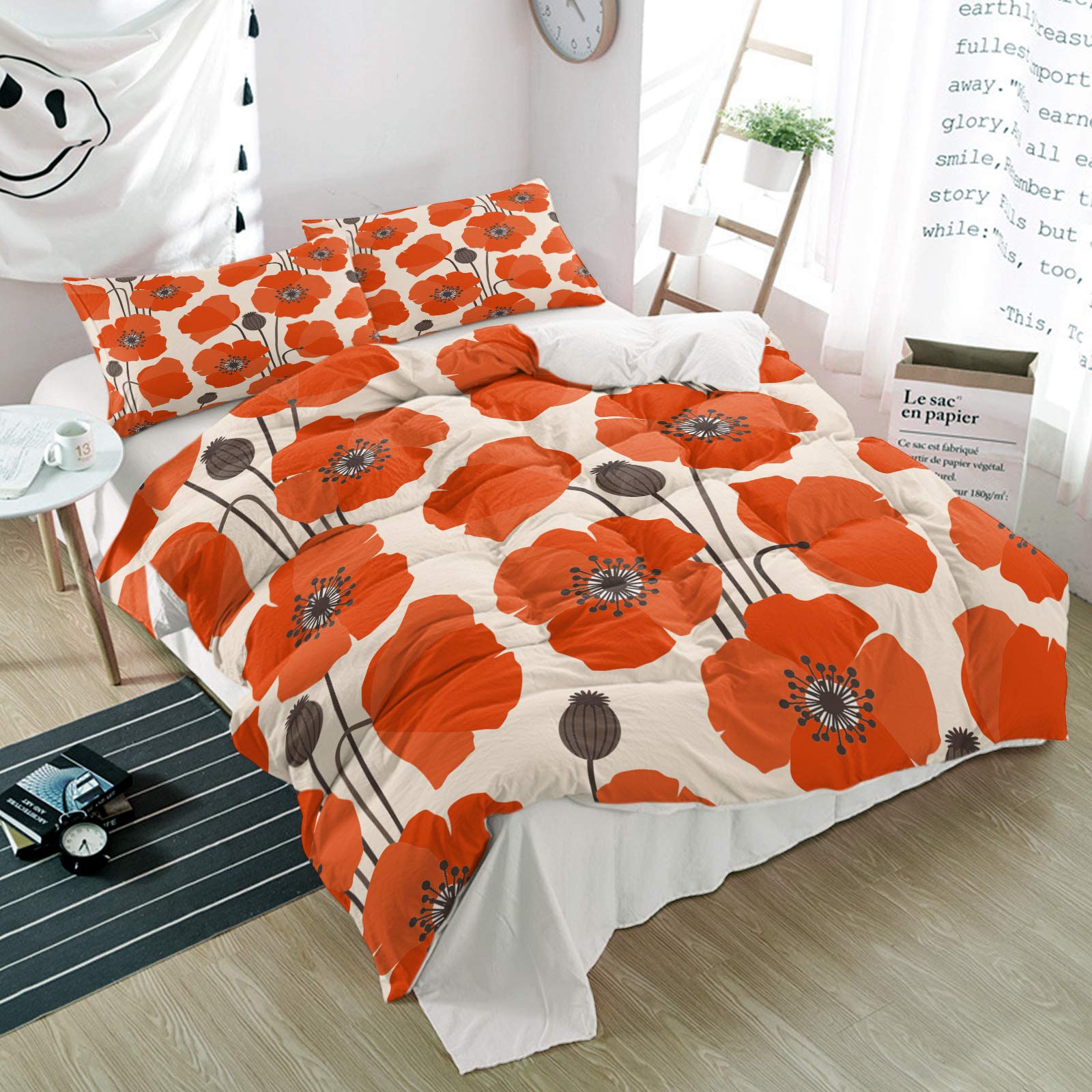 3-Piece Red Poppy Floral Bedding Set - Luxury Soft Microfiber Duvet Cover with Pillow Shams for Twin Bed | Pastoral Abstract Design for Women, Men, Teens | Perfect for Guest Rooms, Dorms & Cozy Bedrooms
