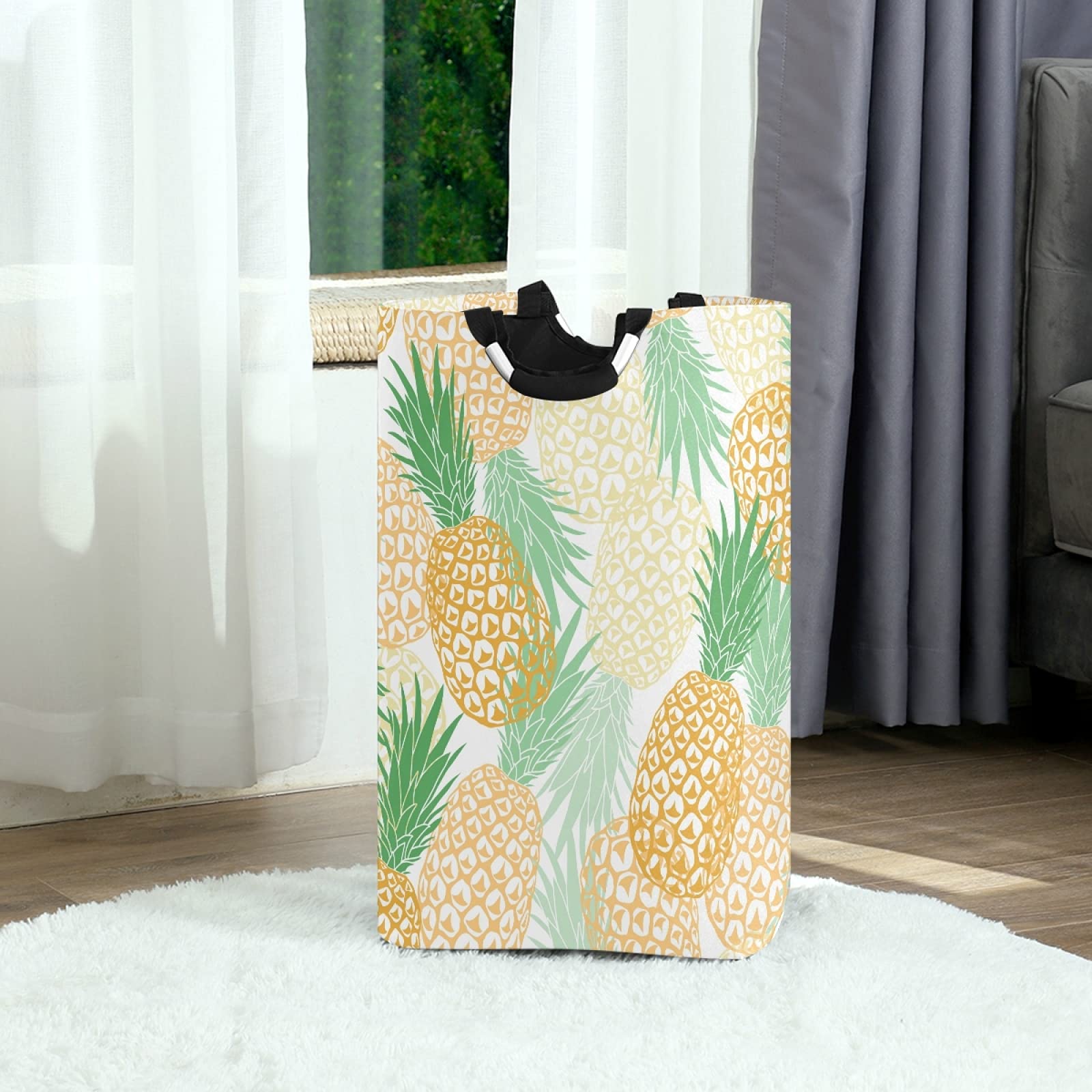 **Tarity 52L Large Collapsible Laundry Hamper - Yellow Pineapple Design, Oxford Fabric Dirty Clothes Basket with Handles, Foldable Storage Bin for Bedroom, Bathroom, Closet - Perfect for Laundry Room, Dorm, or Travel**