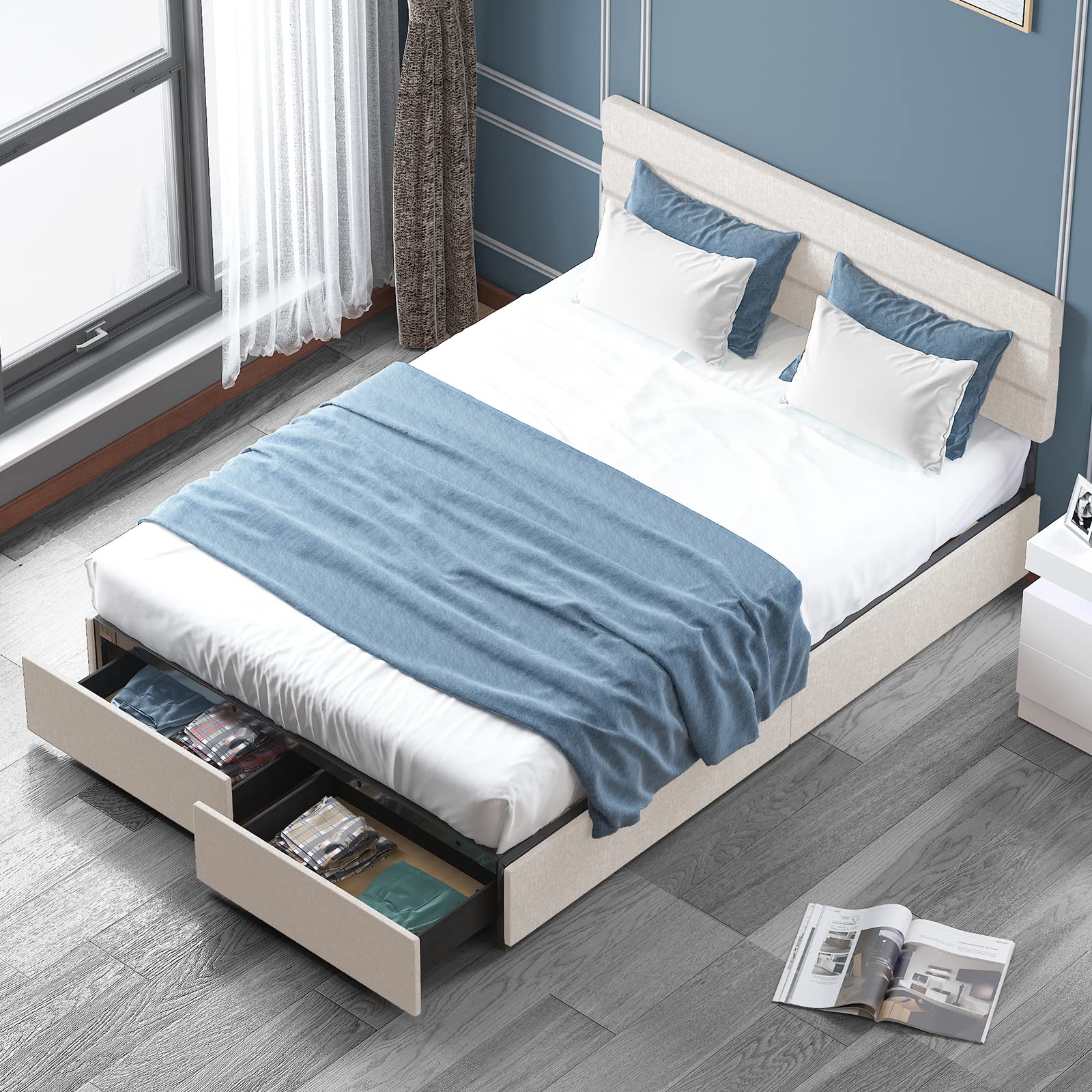 BALUS King Size Upholstered Platform Bed Frame with Large Storage Space, Mobile Wheels & Adjustable Headboard - Beige (King) | Perfect for Small Bedrooms, Guest Rooms & Modern Home Decor