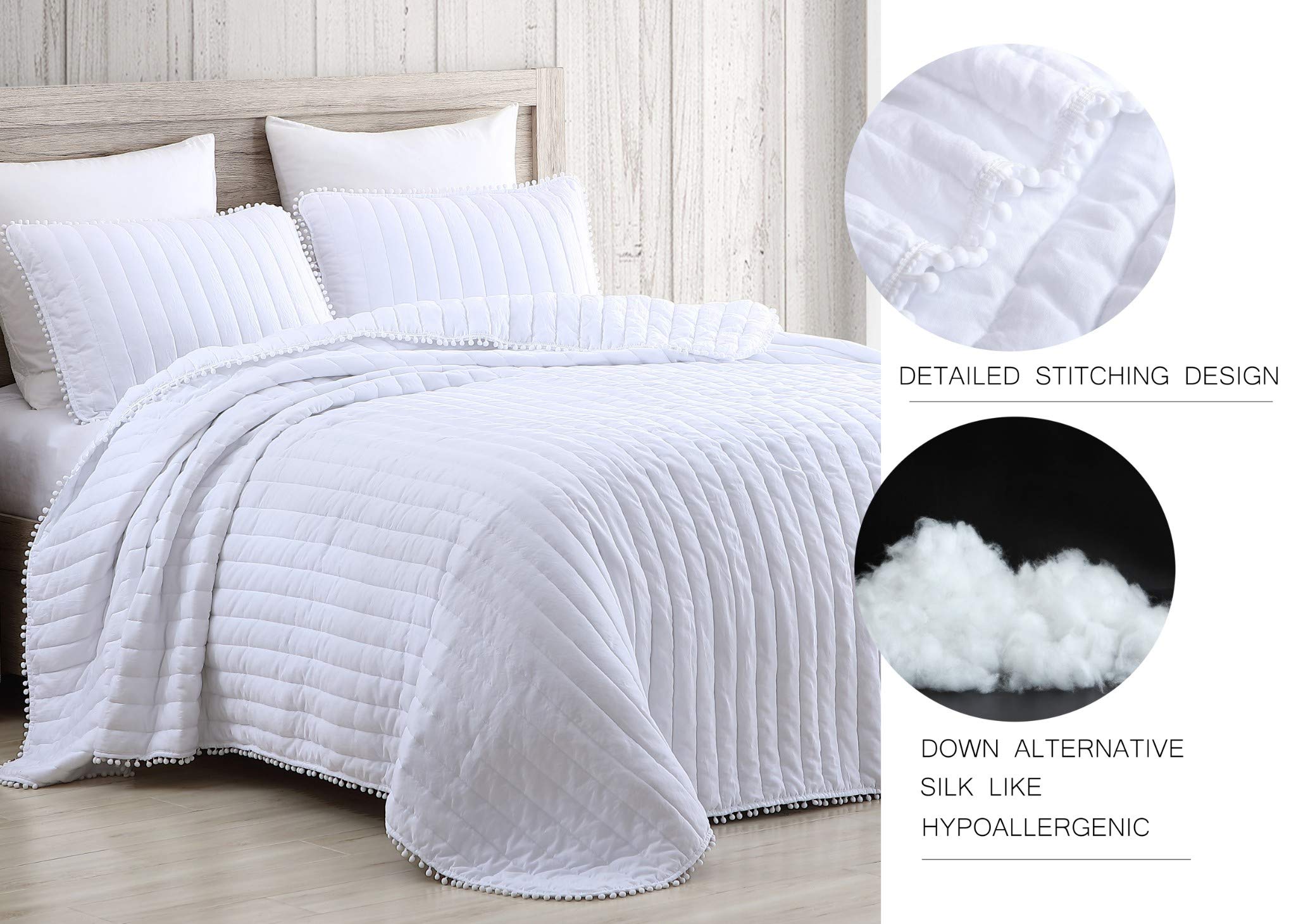 Chezmoi Collection Iris 2-Piece White Pom Pom Quilt Set - Twin Size Ball Fringe Channel Stitch Quilted Bedspread & Washed Microfiber Coverlet | Soft & Cozy Bedding for Girls Room, Guest Bedroom & Dorm Decor
