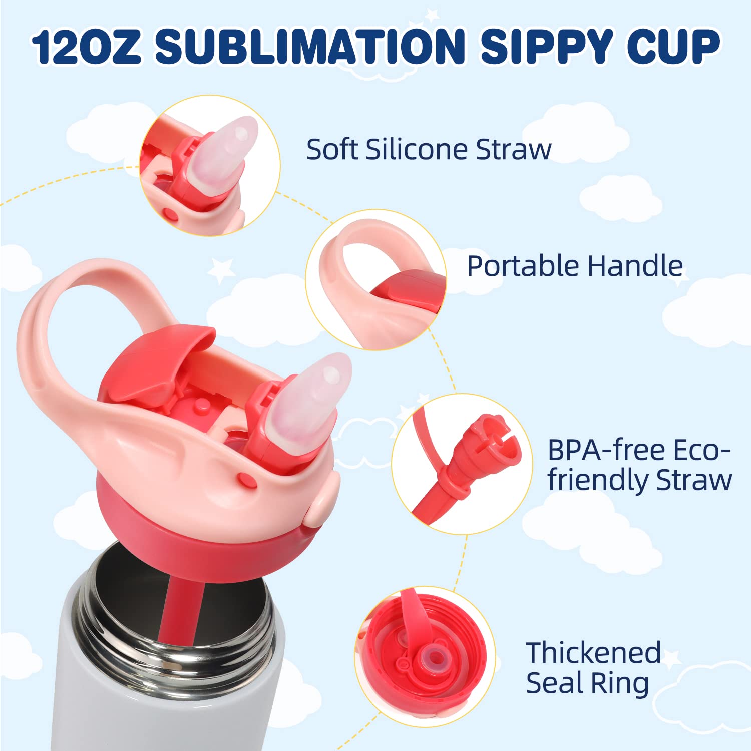 Mocaru 12oz Stainless Steel Kids Sippy Cup with Leak-Proof Straw Lid - Insulated Toddler Water Bottle with Handle - 8 Pack Sublimation Ready Tumbler Cups for Daycare, School & Outdoor Activities