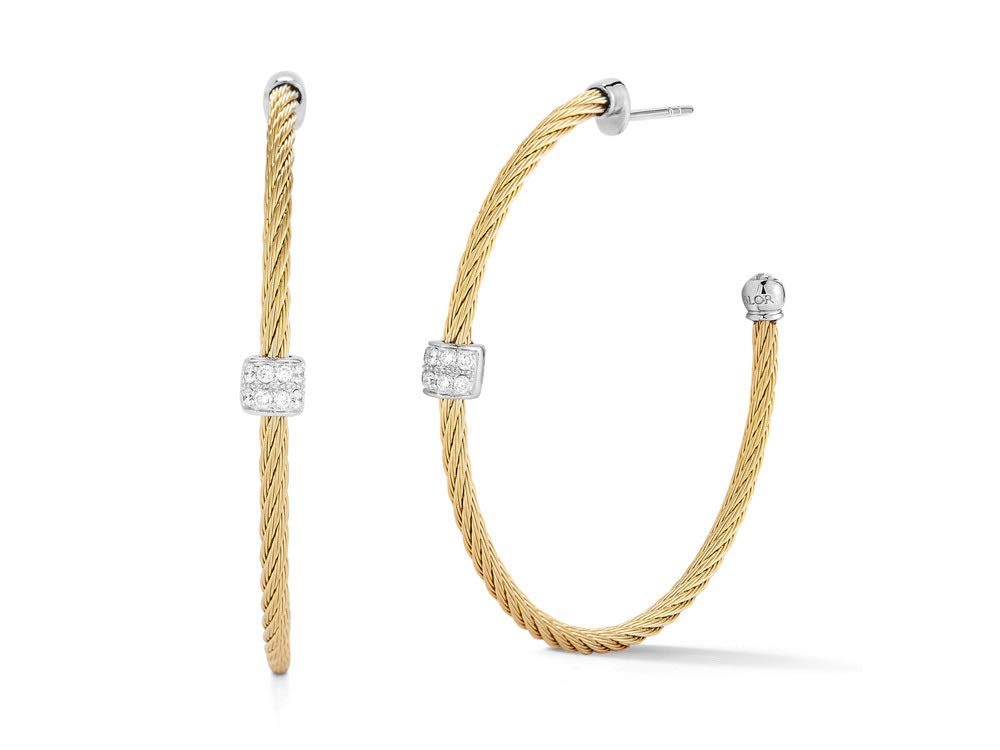 ALOR Yellow Cable Hoop Earrings - 18kt White Gold with Single Diamond Station - Elegant Jewelry for Women, Perfect for Parties, Weddings & Everyday Wear