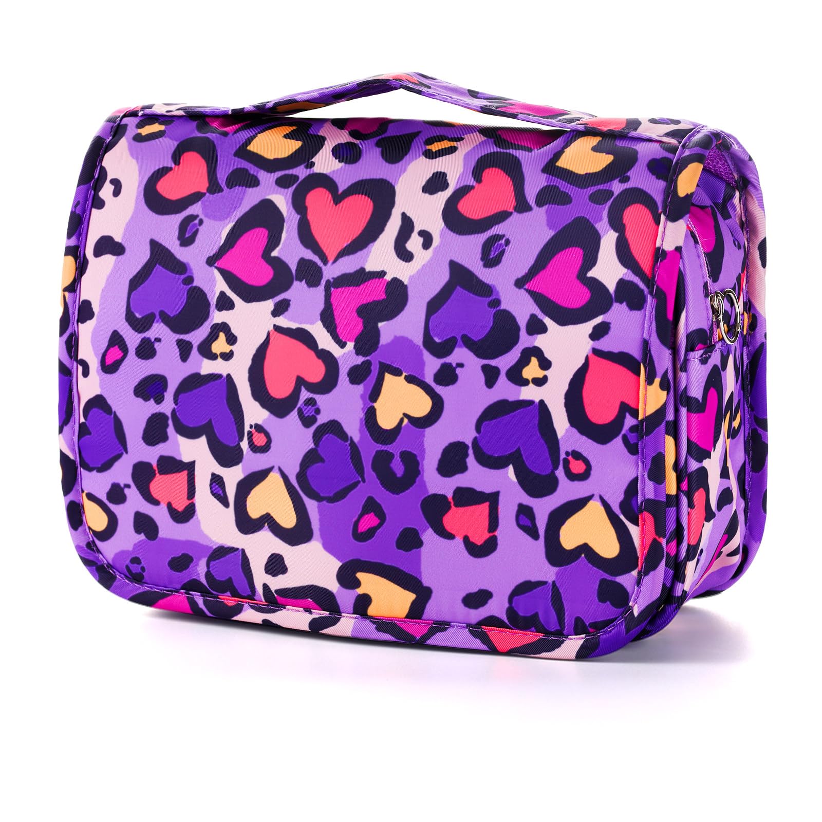 Waterproof Leopard Print Hanging Toiletry Bag for Girls - Travel Cosmetic Organizer for Kids, Toddler Wash Bag with Hook - Perfect for School Trips, Sleepovers & Family Vacations (Purple)