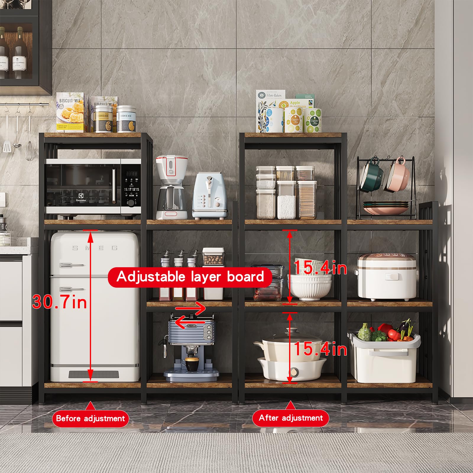 6-Tier Adjustable Height Kitchen Bakers Rack with Storage - Freestanding Microwave Stand, Mini Fridge Organizer & Coffee Bar Station - Rustic Brown for Living Room, Kitchen, or Small Apartment