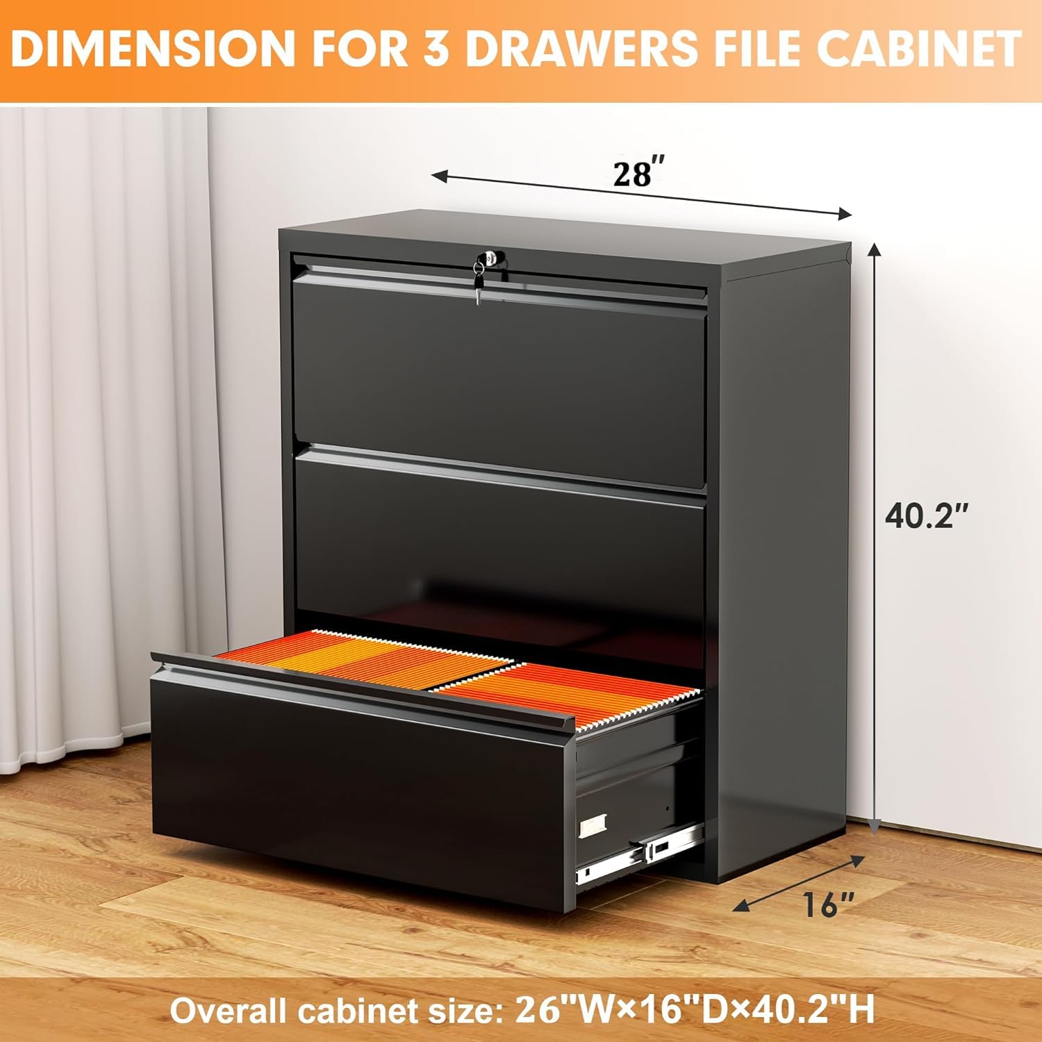 INTERGREAT 3-Drawer Black Lateral File Cabinet with Lock - Legal/Letter & A4 Size Metal Steel Locking Wide Filing Cabinet for Home Office - Perfect for Document Storage, Office Organization & Secure File Keeping