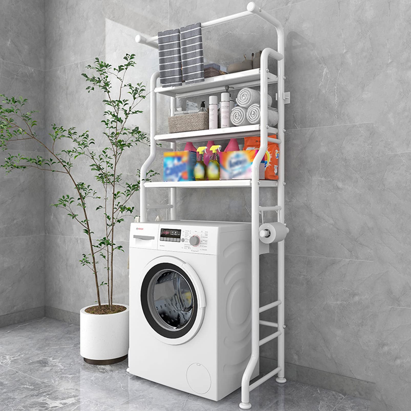 3-Tier Over The Toilet Storage Shelf - Space Saving Bathroom Organizer with Hanging Rod & Toilet Paper Holder | Freestanding Corner Shelf for Towels, Toiletries & Laundry | Perfect for Small Bathrooms, Apartments & Dorm Rooms