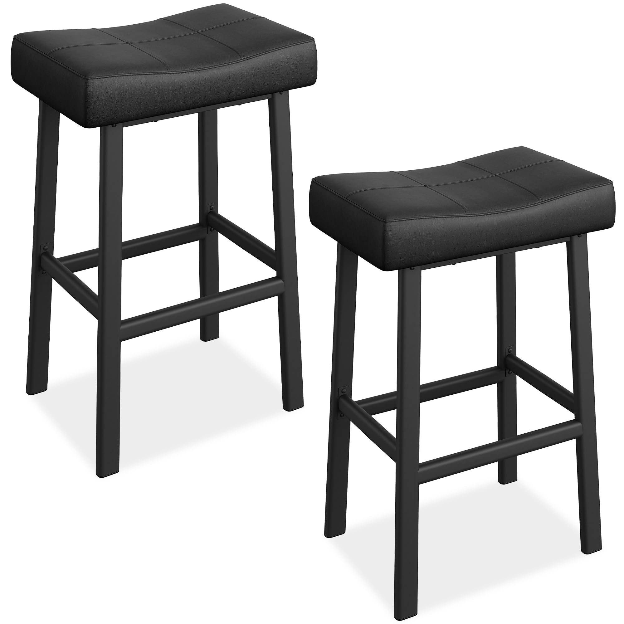 GARVEE 29 Inch Backless Saddle Barstools Set of 2 - Upholstered Padded Counter Height Bar Stools with Curved Seat, Metal Legs & Footrest - Perfect for Kitchen Island, Home Bar, Breakfast Nook & Dining Room (Black, Set of 2)