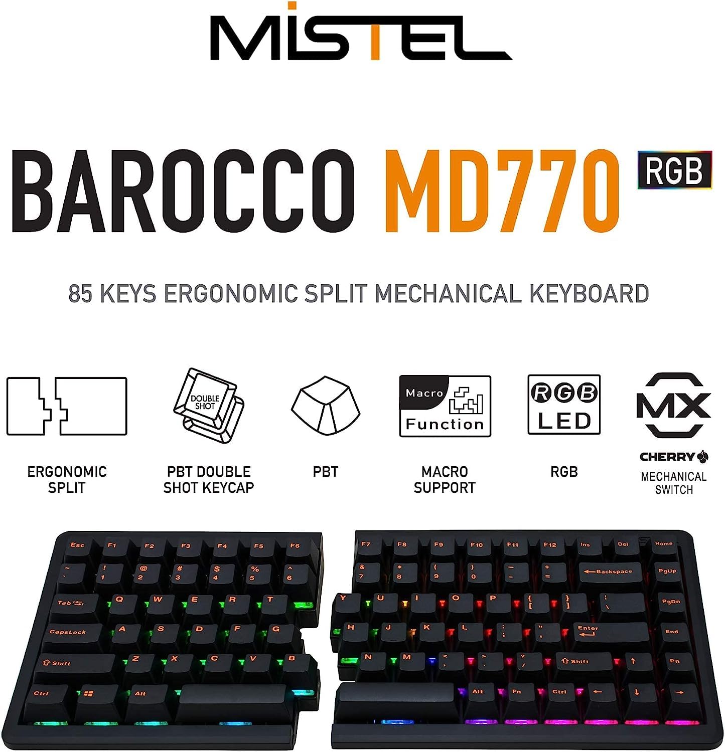 Mistel BAROCCO MD770 RGB TKL Split Ergonomic Mechanical Keyboard - Cherry MX Brown Switch, LED Backlit, Macro Support for Windows & Mac (ANSI Layout) - Perfect for Gaming, Programming & Office Work