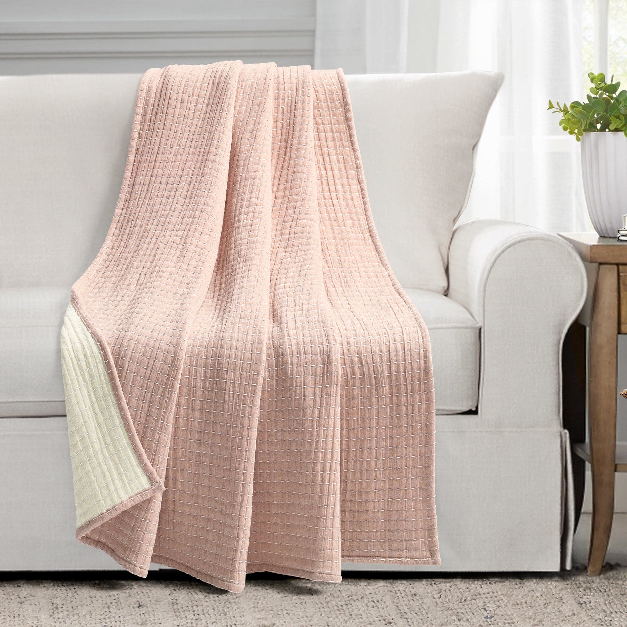 Handmade Solid Kantha Pick Stitch Yarn-Dyed Cotton Woven Throw Blanket - Cozy Sofa Cover, Bedspread & Home Decor for Living Room, Bedroom