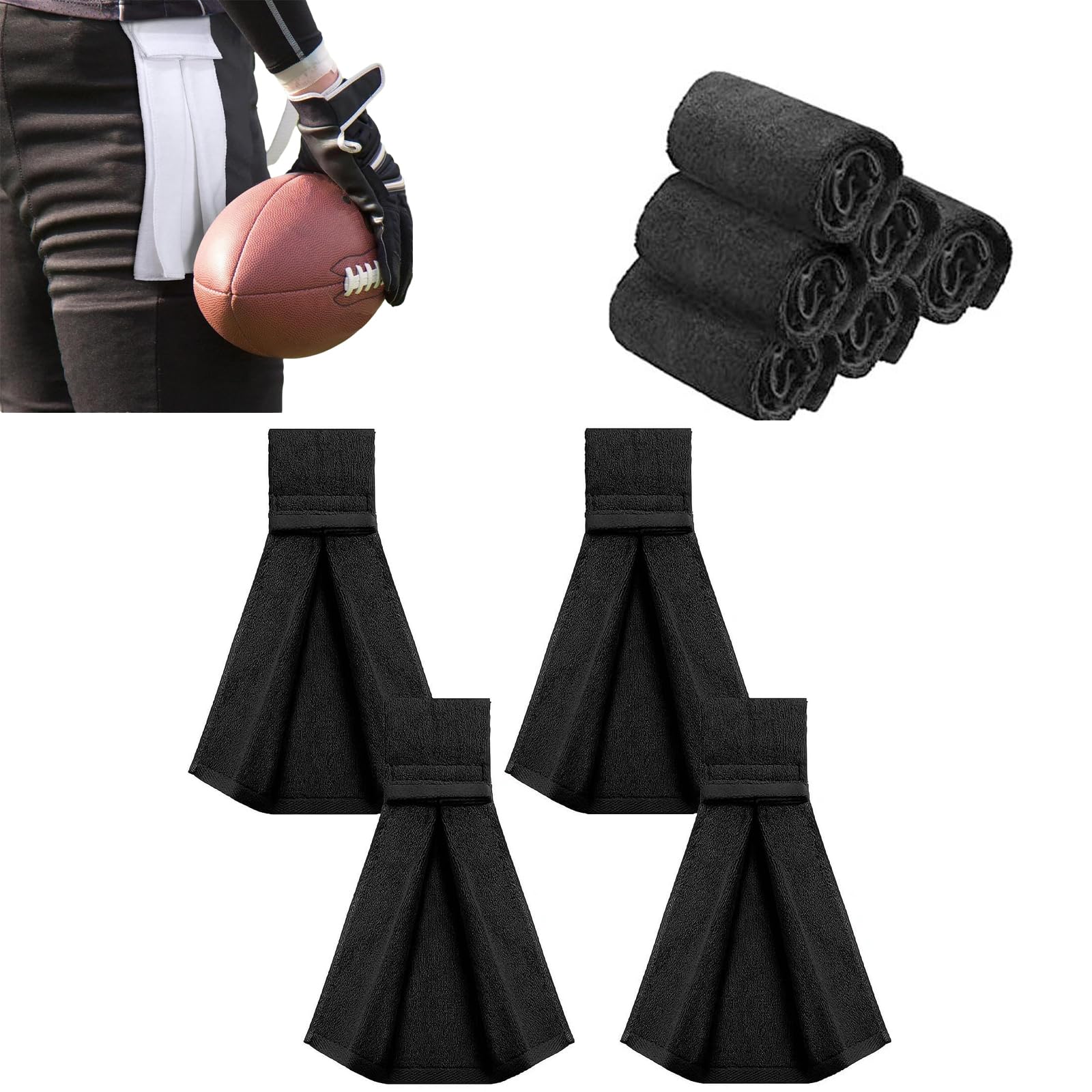 Quarterback Football Field Towel with Hook & Loop Fastener - 4 Pack Cotton Closed Loop Gym Towels for Cleaning Hands, Visor & Gloves - Perfect for Football Games, Training & Outdoor Sports (Black)