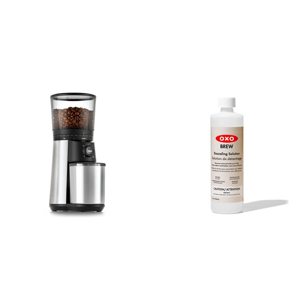 OXO Brew Conical Burr Coffee Grinder - Silver Stainless Steel & All-Natural Descaling Solution Kit for Fresh Ground Coffee at Home, Office or Cafe