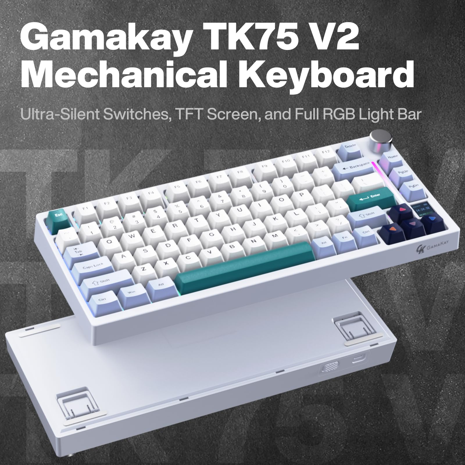 GK GAMAKAY TK75 V2 75% Silent Mechanical Gaming Keyboard - Hot Swap RGB Backlit, Bluetooth 5.0/2.4GHz Wireless, USB-C Wired, TFT Screen, PBT Cherry Profile Keycaps (GamaKay Phoenix Switch) - Perfect for Office Work, Gaming & Typing Enthusiasts