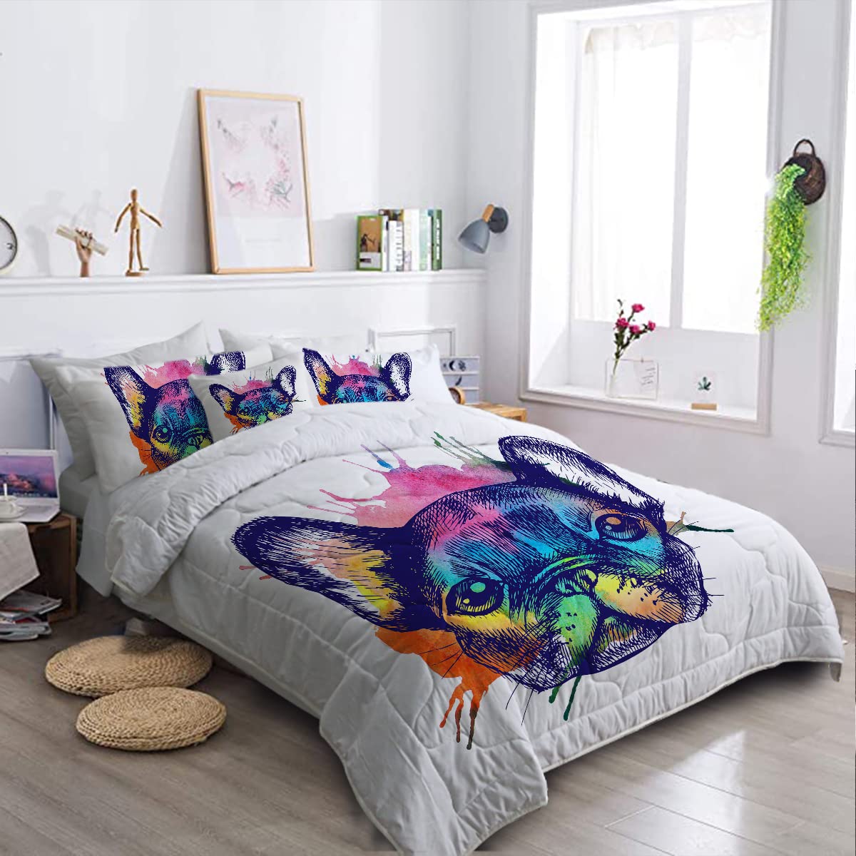 BlessLiving French Bulldog Print 8-Piece King Size Bedding Set - Comforter, Shams, Sheets & Cushion Cover | Abstract Dog Pattern Bed in A Bag | Perfect for Pet Lovers' Bedroom & Guest Room Decor