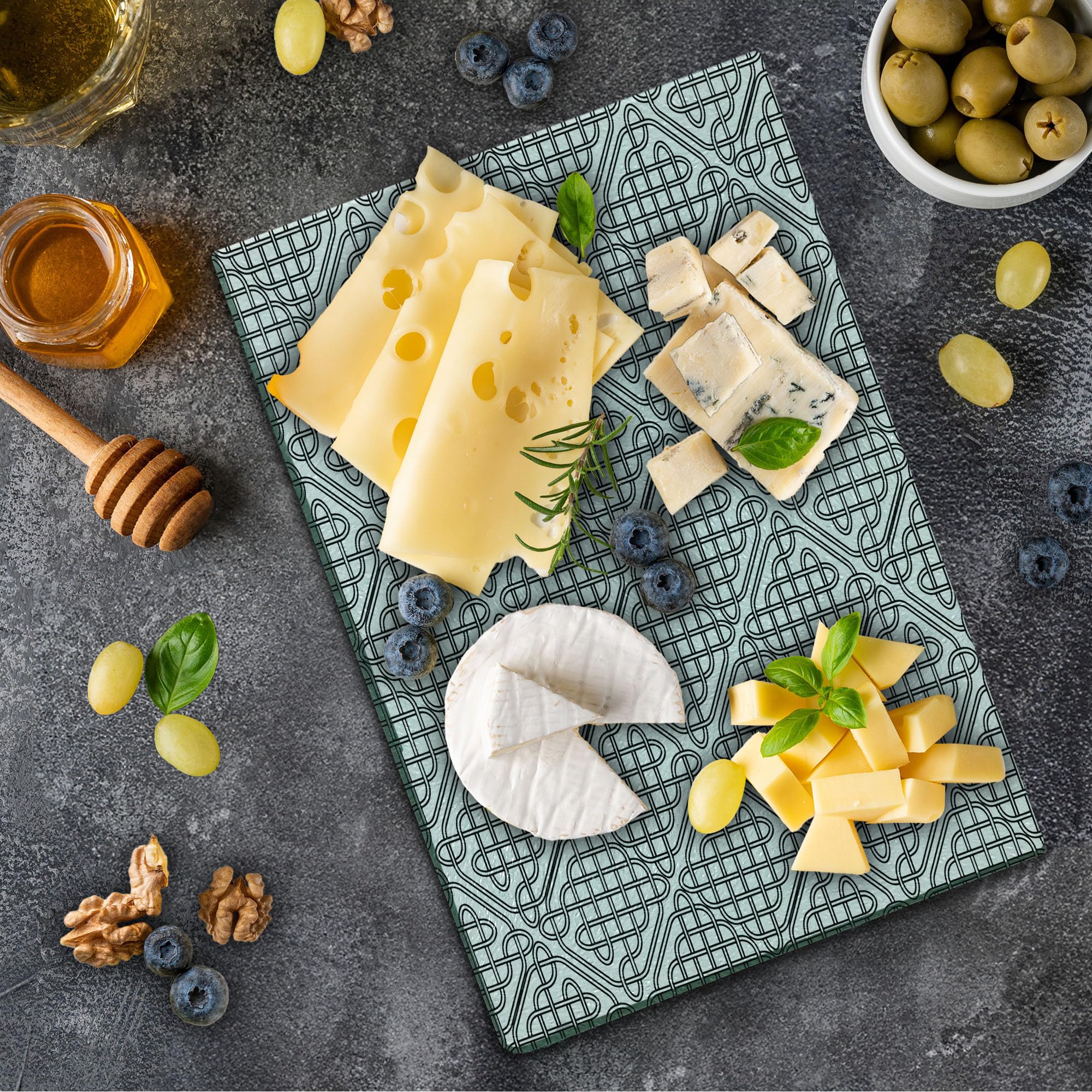 Ambesonne Celtic Cutting Board - Medieval Irish Striped Square Design, Old-Fashioned Artsy Print Tempered Glass Serving Board - Small Size Black & White - Perfect for Cheese Platters, Charcuterie & Kitchen Decor