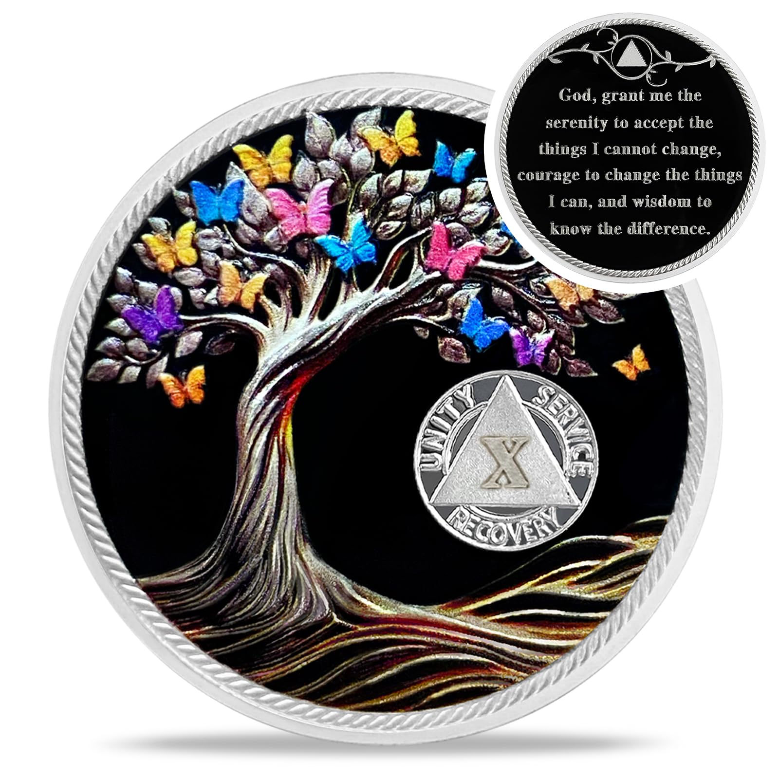 10 Year Sobriety Coin - AA NA Recovery Medallion with Butterfly & Tree of Life Design - 1 to 62 Years Clean Living Gift for Men & Women in Alcoholics/Narcotics Anonymous - Perfect for Milestone Celebrations & Support Group Meetings