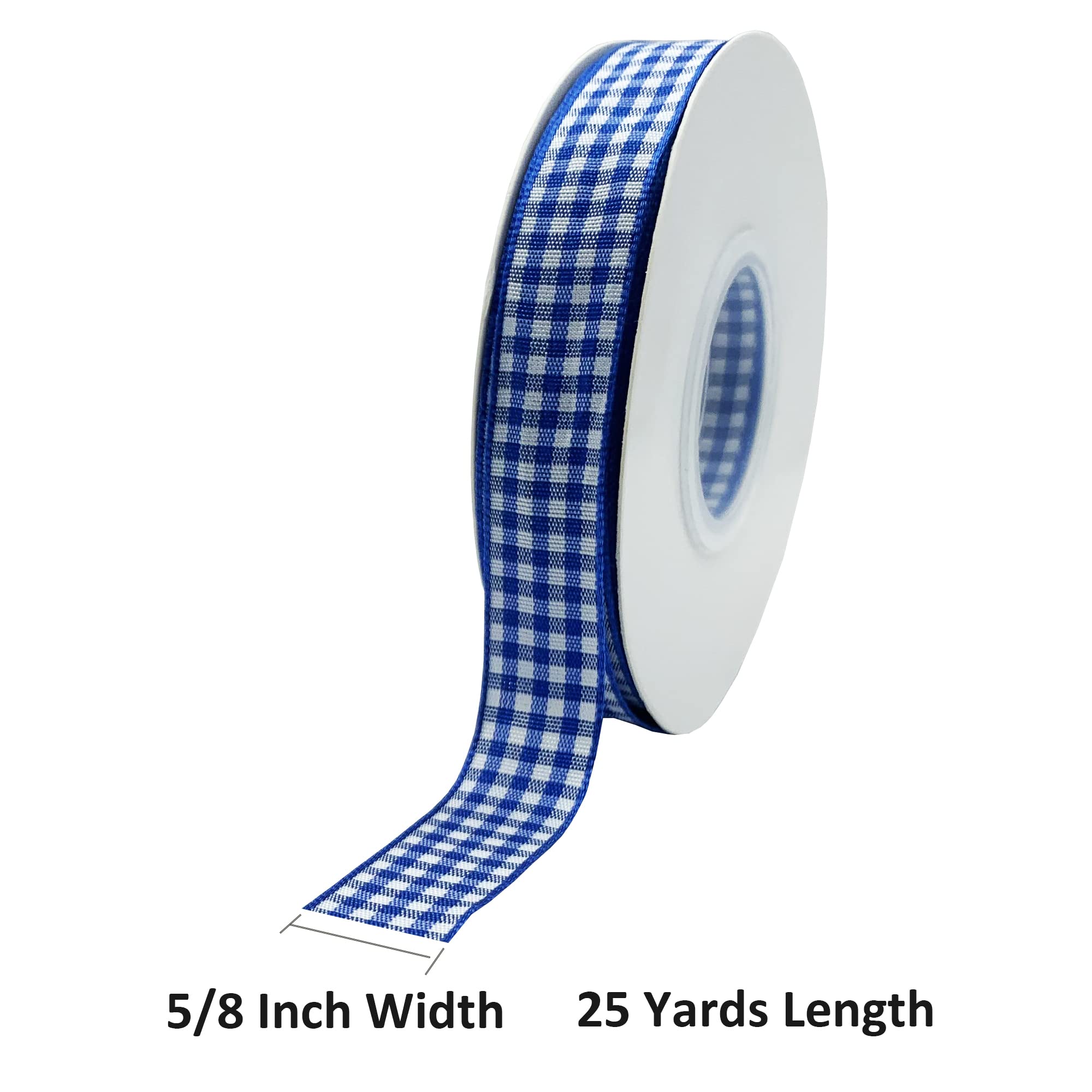 Blue and White Gingham Ribbon - 5/8 Inch x 25 Yard Roll - Polyester Woven Edge Ribbon for Crafts, Hair Accessories, Gift Wrapping & Christmas Decorations - Includes 60 Inch Tape Measure - Perfect for DIY Projects, Picnic Decor, Party Favors & Scrapbooking