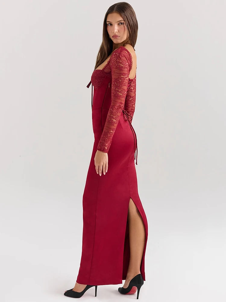 Sexy Backless Long Sleeve Maxi Dress for Women - Solid Square Neck Lace-Up Back Bodycon Club Dress with High Slit | Elegant Evening Wear for Parties, Date Nights & Special Occasions