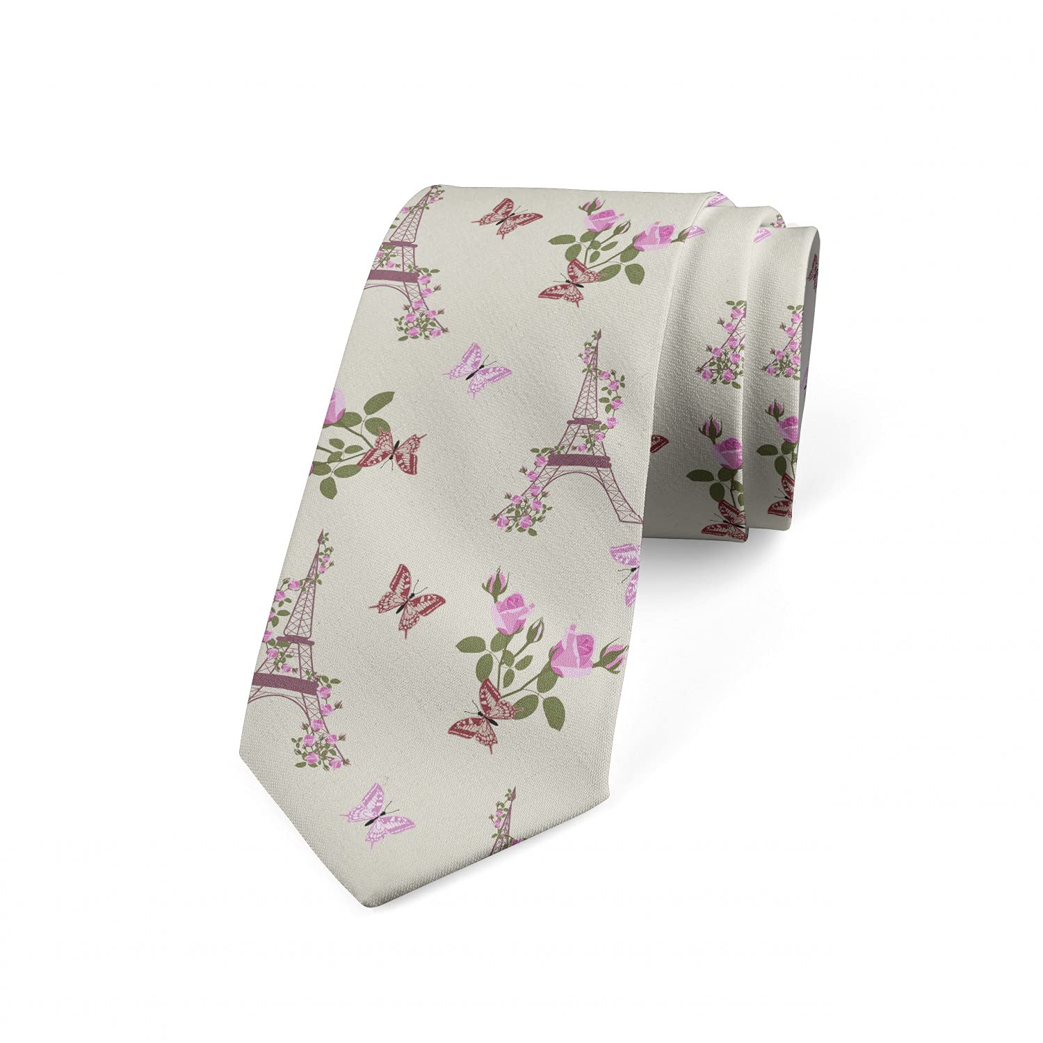 Ambesonne Men's Necktie - Elegant Eiffel Tower with Rose Ivy Design, 3.7