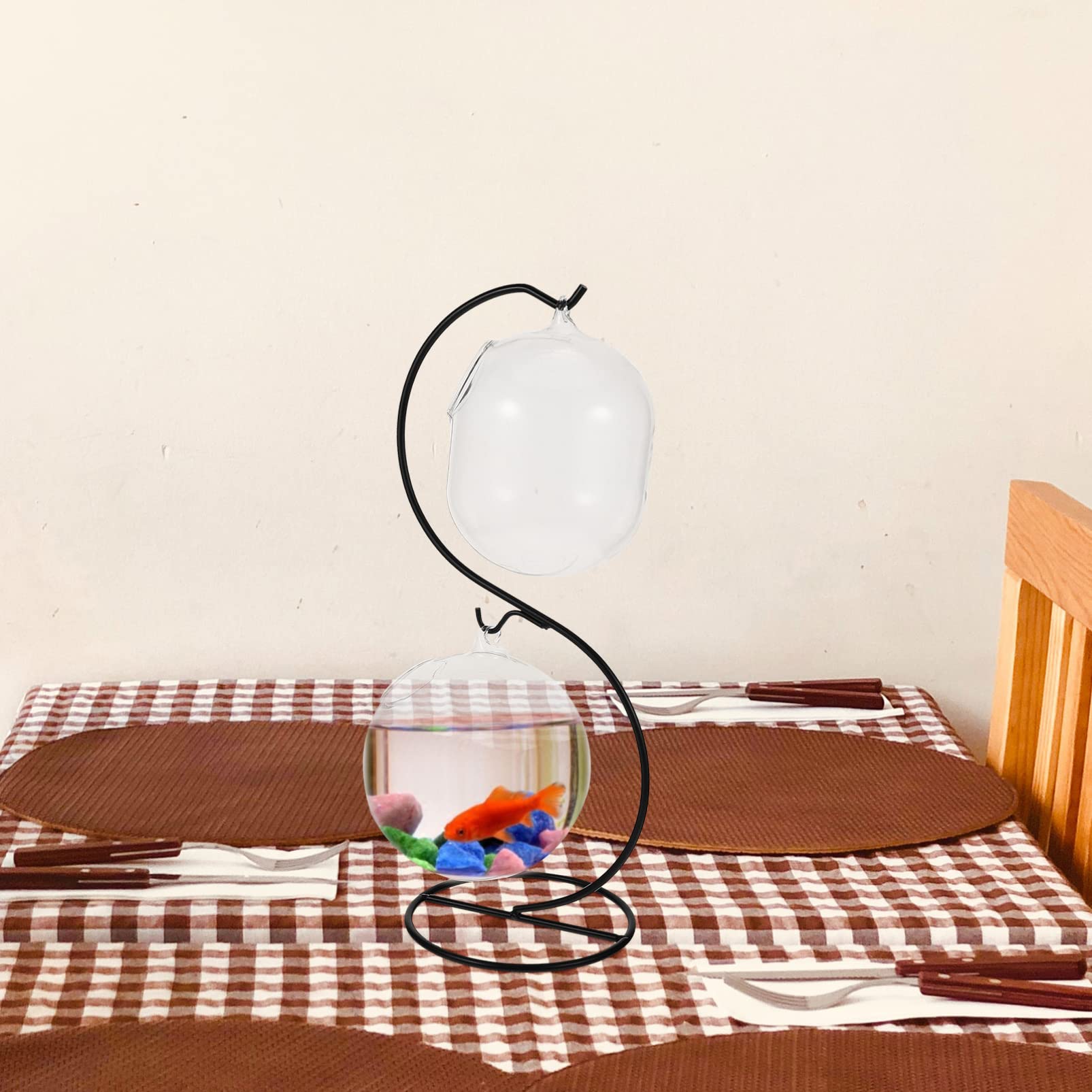 Mini Glass Betta Fish Bowl with Iron Stand - Clear Desktop Hanging Aquarium for Home & Office - Dual Use as Planter Terrarium or Hydroponics Vase - Perfect for Tabletop Decor, Small Space Living & Relaxation Therapy
