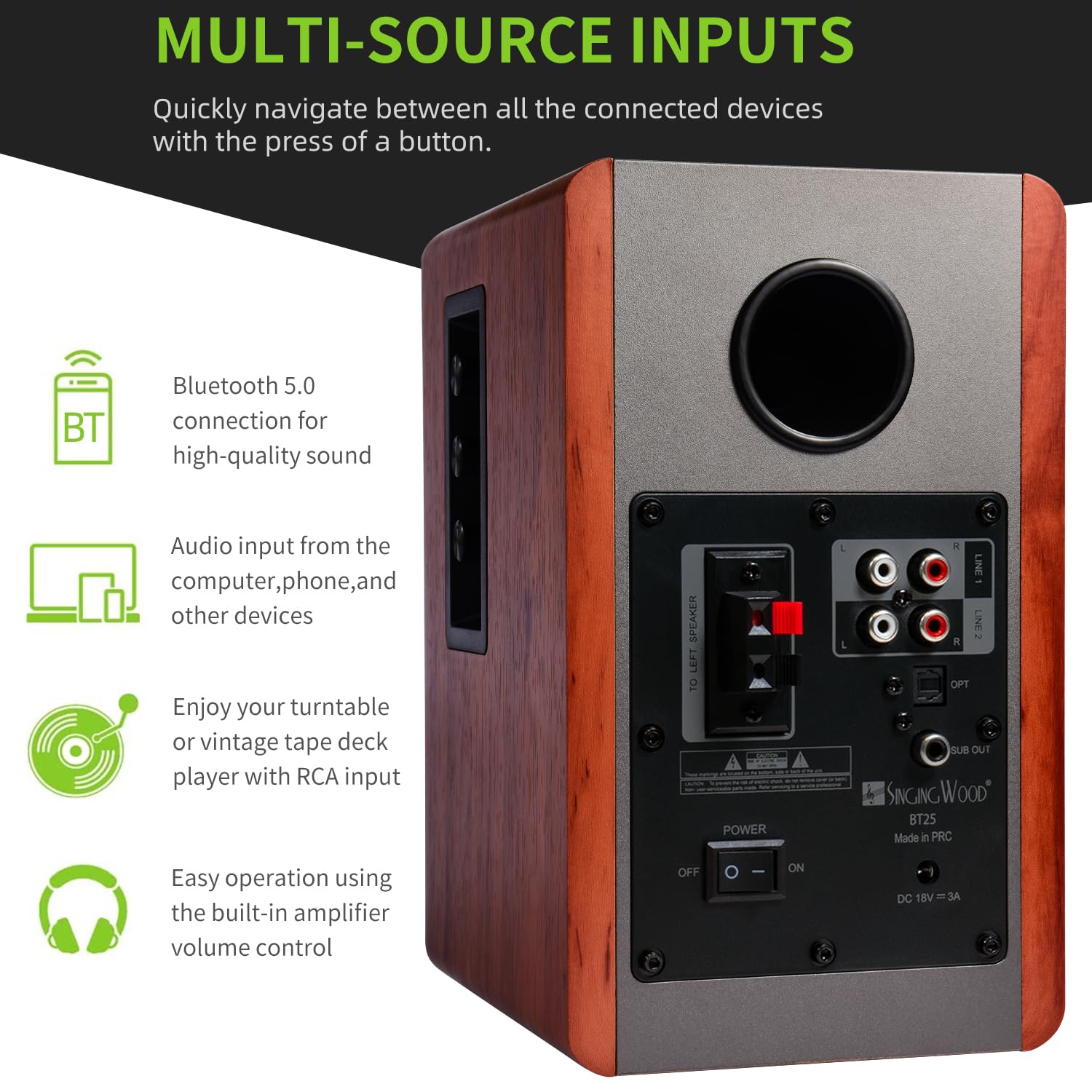 SINGING WOOD BT25 (2024 Version) 80W Bluetooth Bookshelf Speakers with Optical/Aux Inputs & Subwoofer Line Out - Premium Cherry Wood Enclosure for Home Theater, Gaming, PC, TV & Turntable Setup