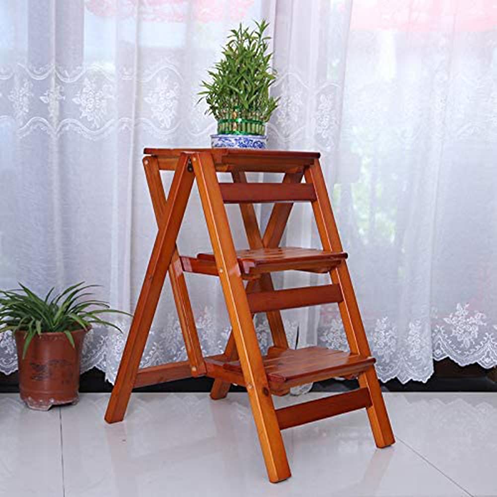 3-Step Foldable Wooden Ladder Stool - Non-Slip Safety Step Stool for Home, Kitchen, Bathroom, and Garage - Multi-Level Storage Shelf & High Chair for Kids and Adults - Space-Saving Foldable Design