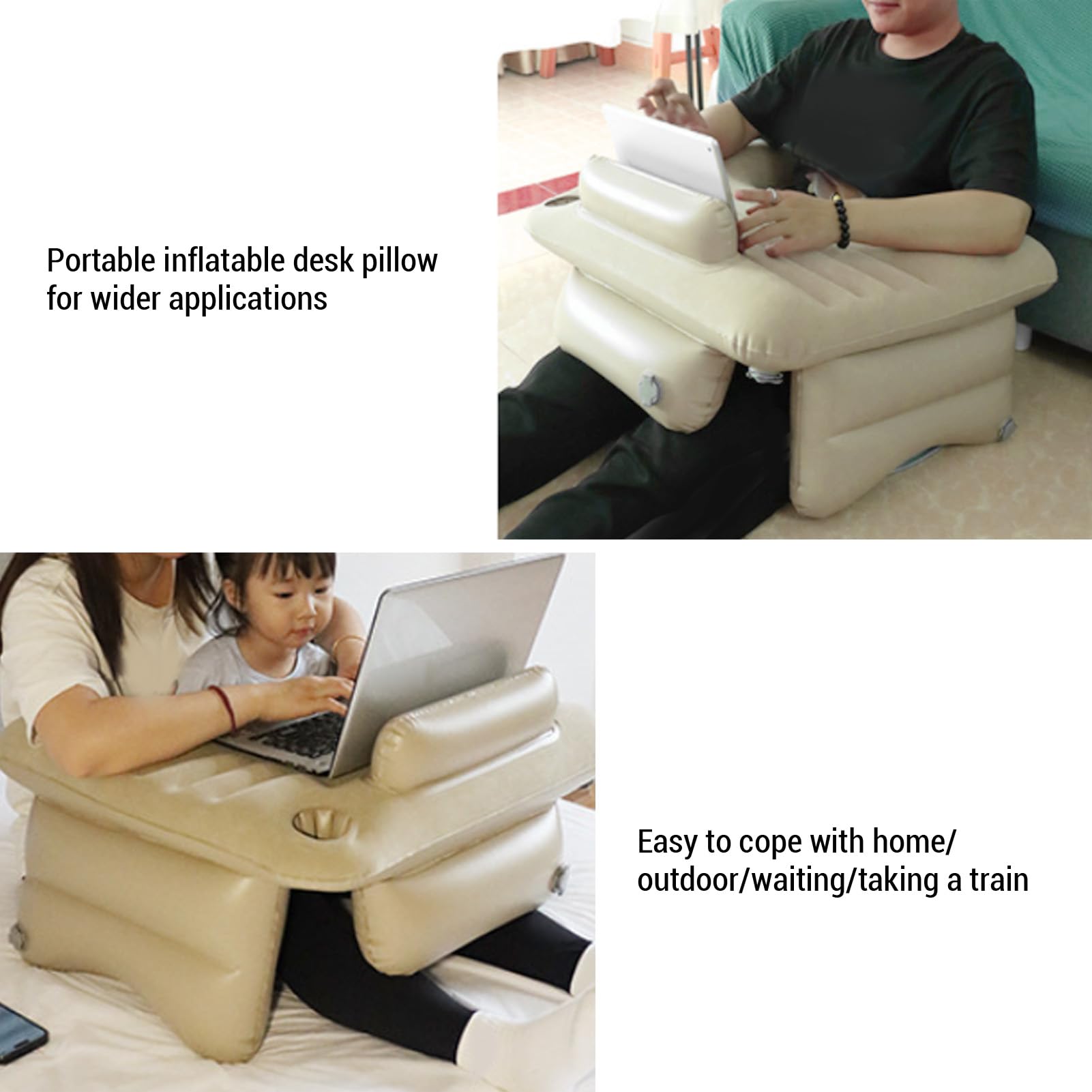 Yosoo Inflatable Reading Lap Pillow - Portable Flocking Lap Desk for Comfortable Reading, Gaming & Working on Bed, Couch or Floor - Beige (Perfect for Students, Book Lovers & Remote Workers)