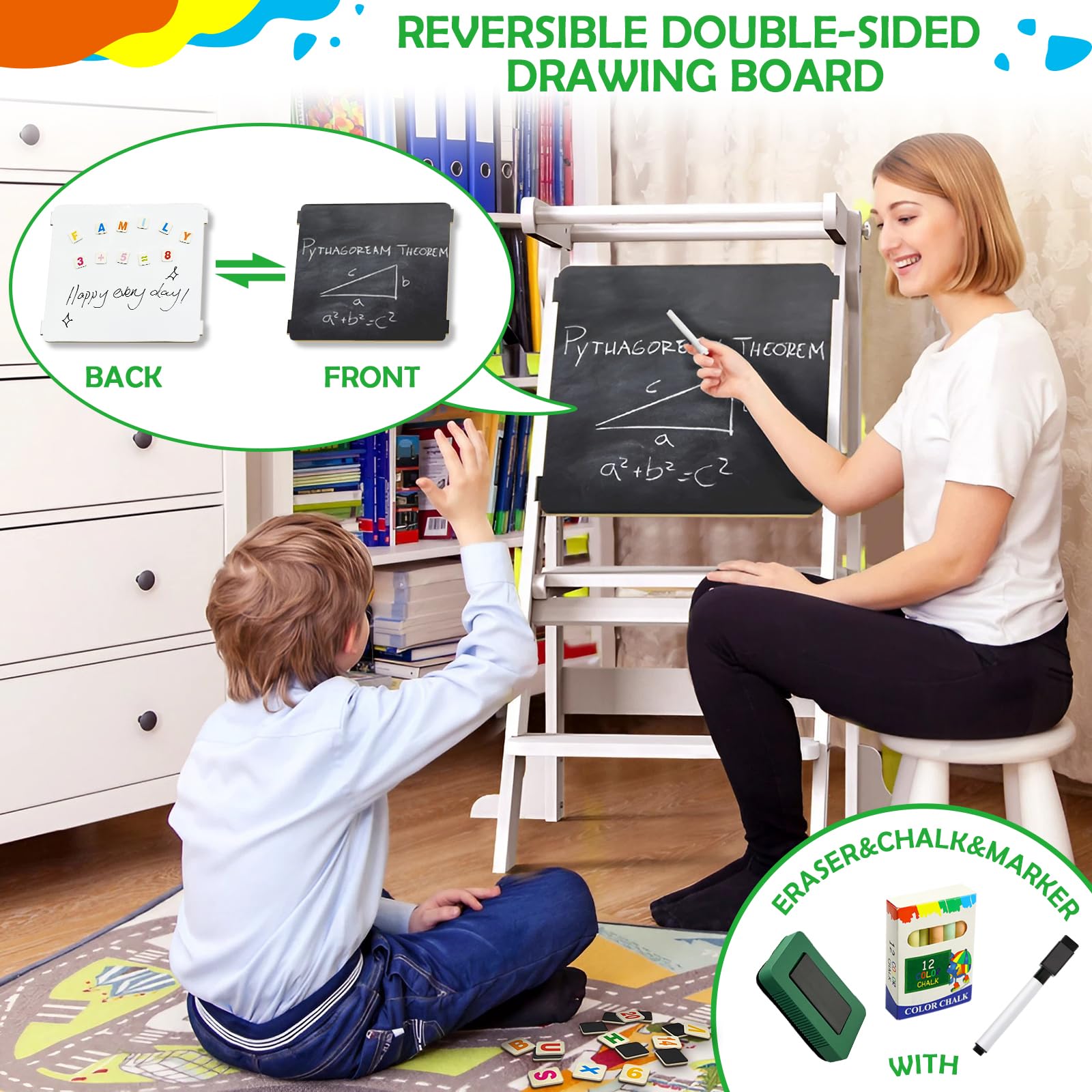 Foldable Toddler Tower with 3 Adjustable Heights & Double-Sided Drawing Board - Montessori Kitchen Step Stool with Safety Rail - Learning Stool for Kids - Standing Helper for Counter, Bathroom Sink (White) - Perfect for Cooking, Bathing & Creative Play