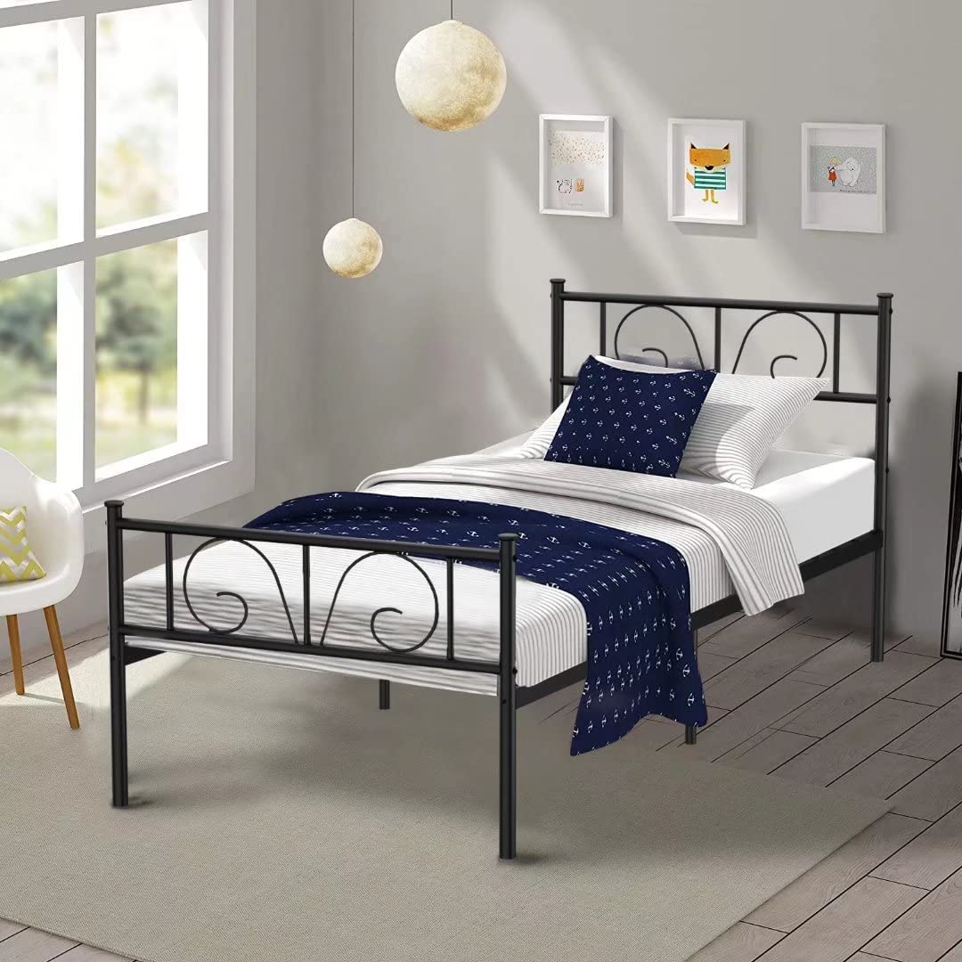 Black Twin Bed Frame for Boys, Girls, Teens & Adults - Sturdy Steel Platform Bed with Storage & Headboard/Footboard - No Box Spring Needed - Perfect for Kids' Rooms, Guest Beds & Small Spaces