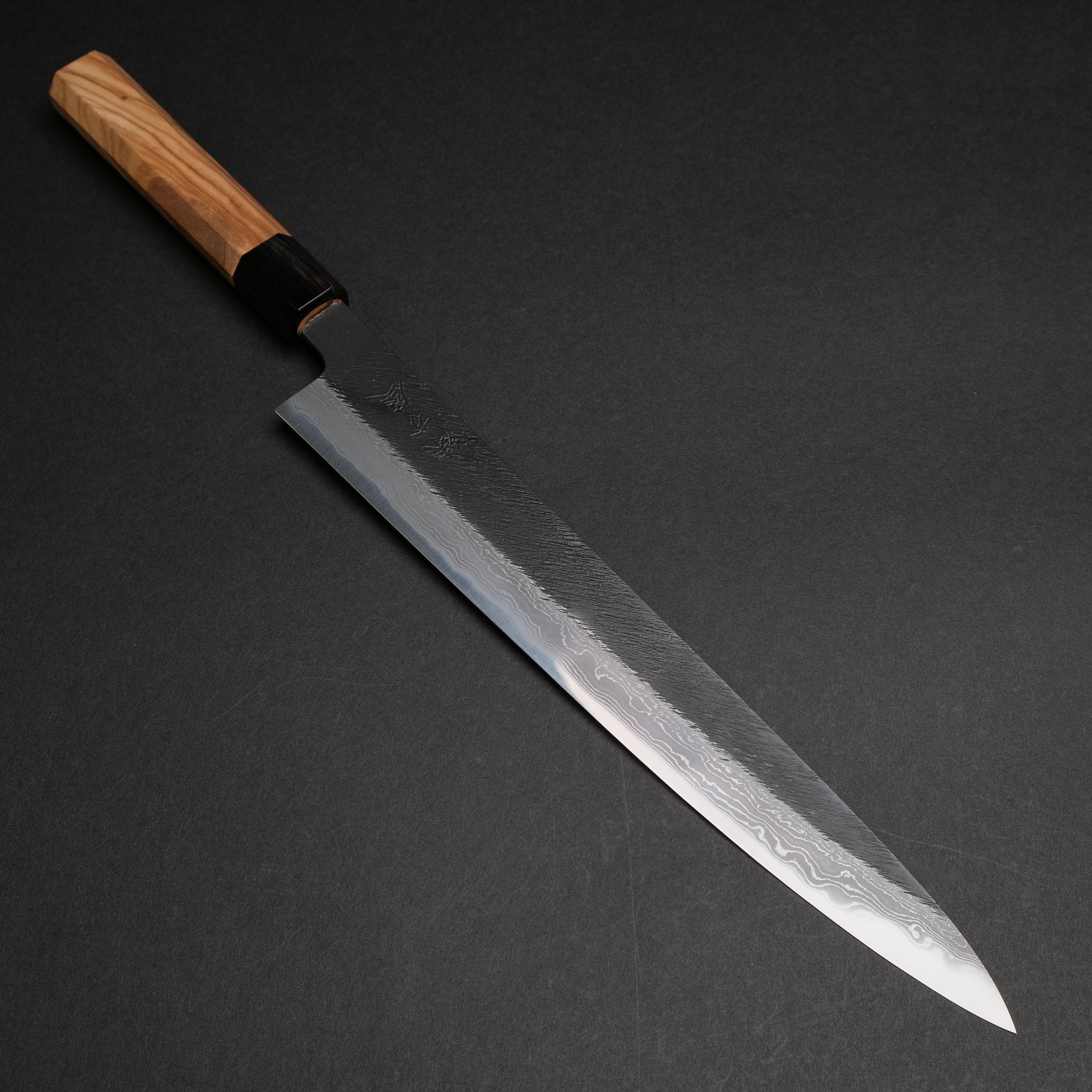 Premium Ajikataya White #2 Matsuba Damascus Sujihiki 270mm Japanese Chef Knife - Olive Wood & Buffalo Horn Handle - Perfect for Slicing Sashimi, Meat, and Precision Kitchen Tasks