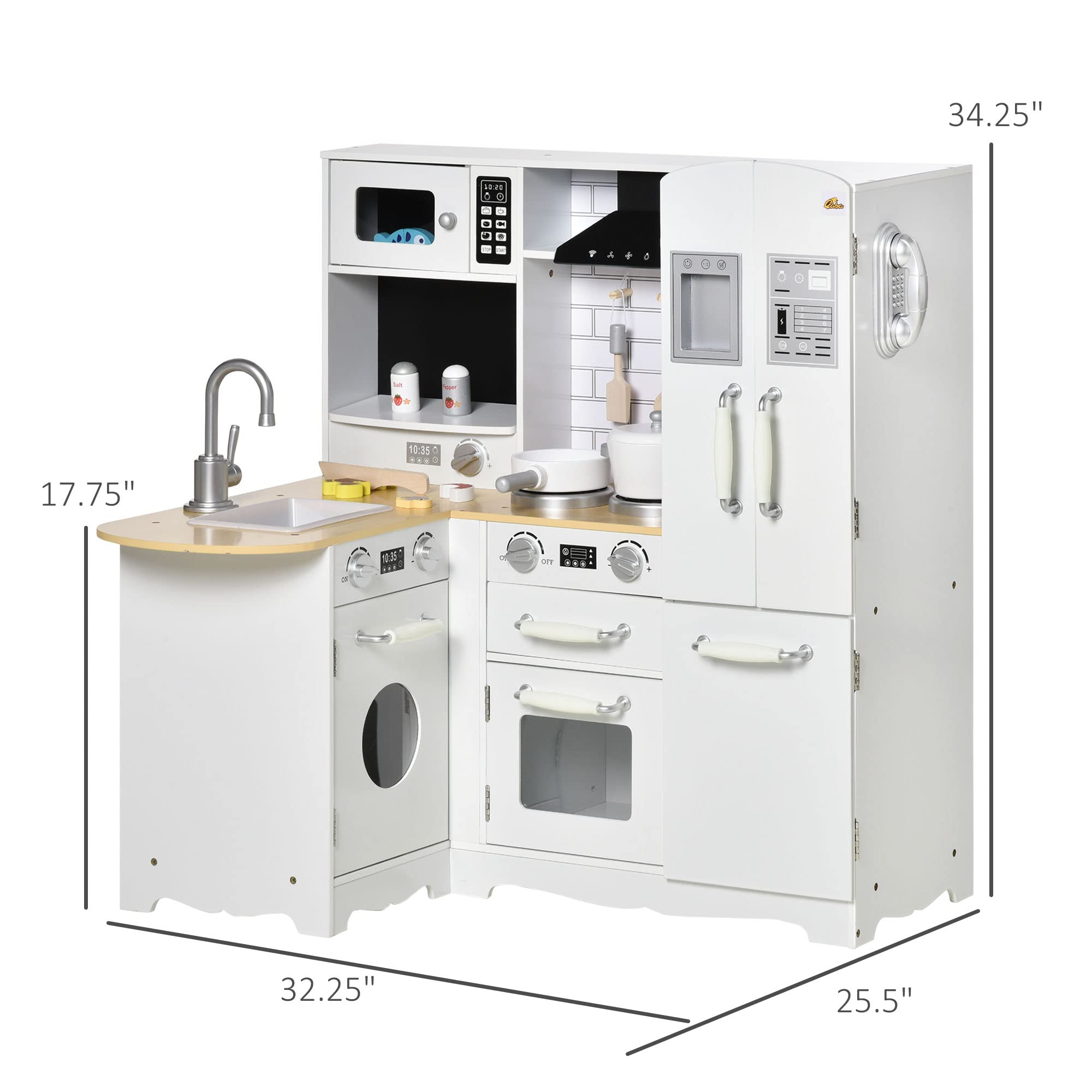 Qaba Corner Kitchen Playset with Cooking Set, Realistic Kids Kitchen with Range Hood, Microwave, Oven, Stove, Refrigerator & Telephone, Interactive Pretend Play Kitchen with Sound Effects for Toddlers - Perfect for Home Playroom & Preschool Learning
