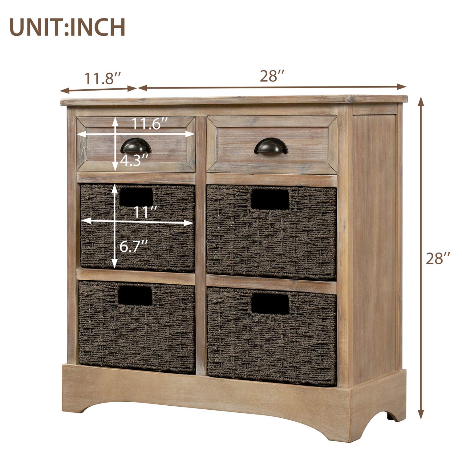 Vintage Storage Cabinet with 2 Drawers & 4 Baskets - Home Organization for Kitchen, Living Room & Entryway