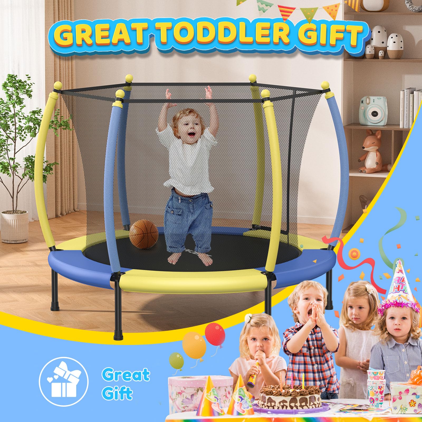BCAN 5FT Kids Trampoline with Safety Enclosure Net - Adjustable Gymnastics Bars & Basketball Hoop for Ages 1-8 | Indoor/Outdoor Mini Trampoline with Foam Handle | Perfect Birthday Gift for Toddlers Boys & Girls | Backyard Play, Exercise & Family Fun Activity