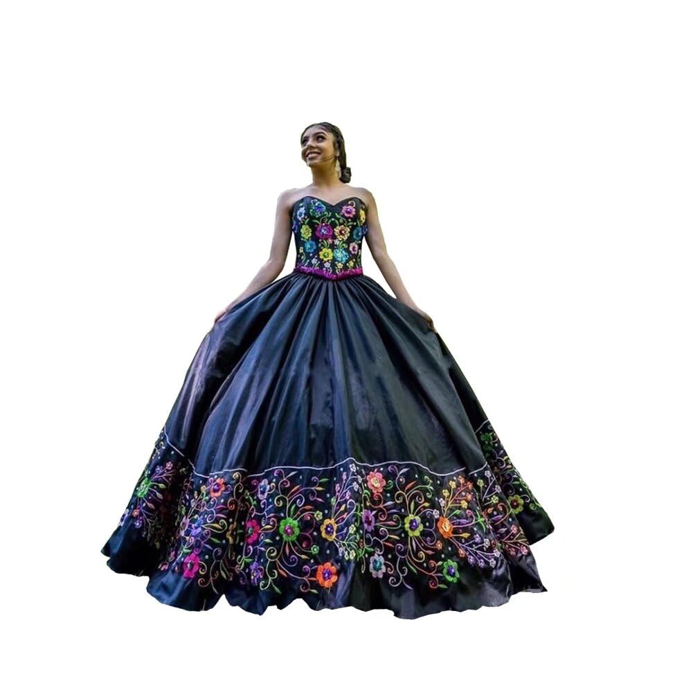 Exquisite Mexican Style Quinceanera Dress with Floral Embroidery & Beaded Details - Strapless Satin Ball Gown for Sweet 16, Prom 2025 - Perfect for Quinceañera Celebrations, Debutante Balls & Special Occasions