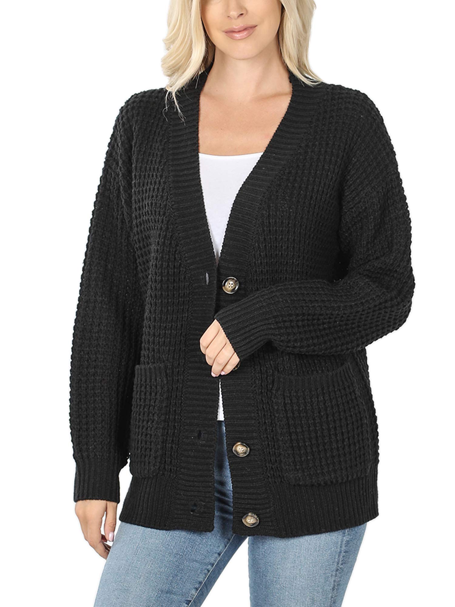 KOGMO Women's Waffle Knit Button Front Cardigan with Pockets | Cozy Long Sleeve Open Front Sweater | Perfect for Fall Winter Outfits, Office Wear & Casual Layering