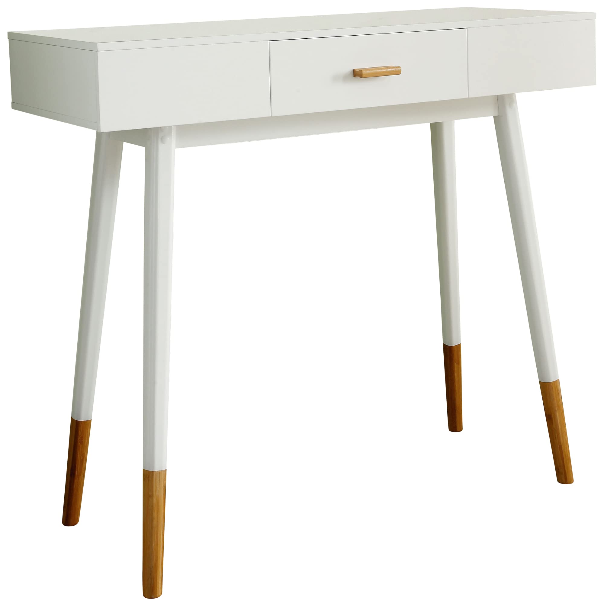 White & Dark Oak Euro Console Sofa Table with Drawer & Bamboo Legs - Entryway, Living Room Furniture for Hallway, Foyer & Home Decor