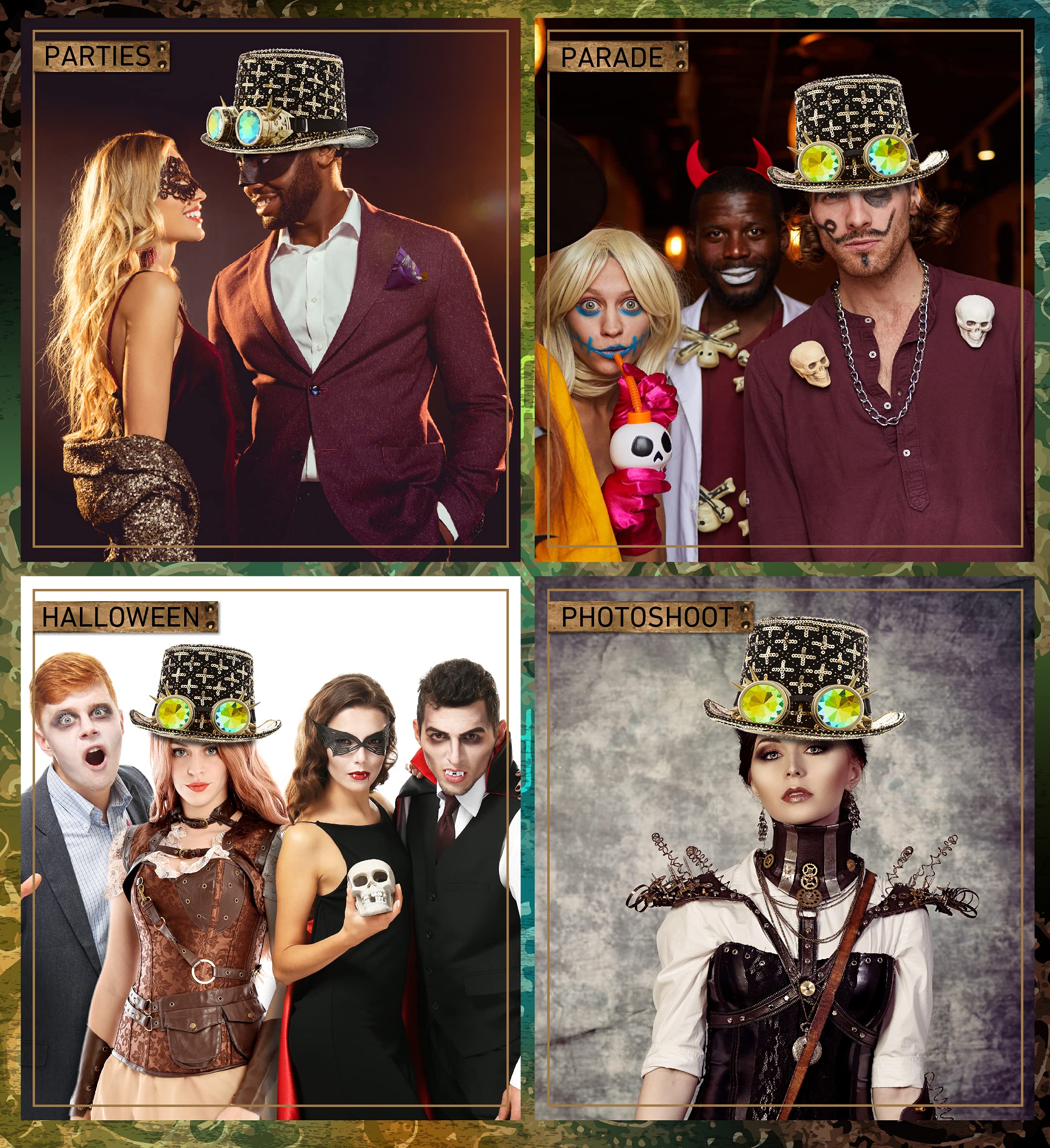 Steampunk Hat with Gold Paillettes & Goggles - Victorian Cosplay Costume Accessory for Halloween Parties, LARP Events, and Gothic Fashion