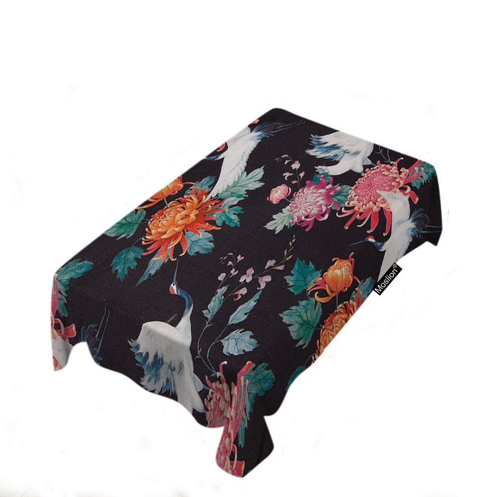 Japanese Cranes Retro Tablecloth - Oriental Herons & Floral Design Polyester Table Cover 52x70 Inch - Perfect for Kitchen, Dining, Picnic & BBQ Parties