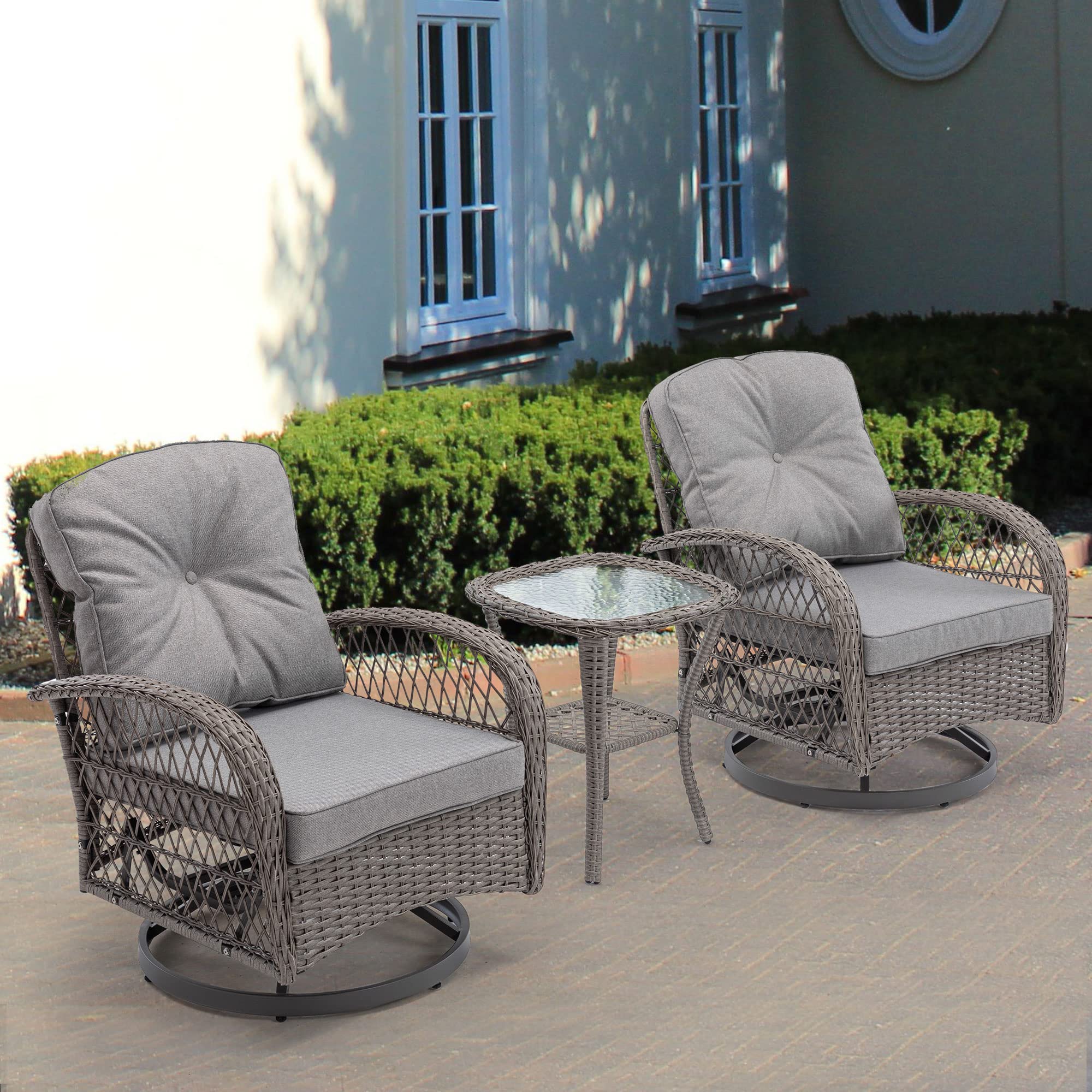 360° Swivel Rocking Patio Chairs Set with Cushions & Coffee Table - 3-Piece Outdoor Wicker Bistro Furniture for Garden, Balcony & Backyard Relaxation