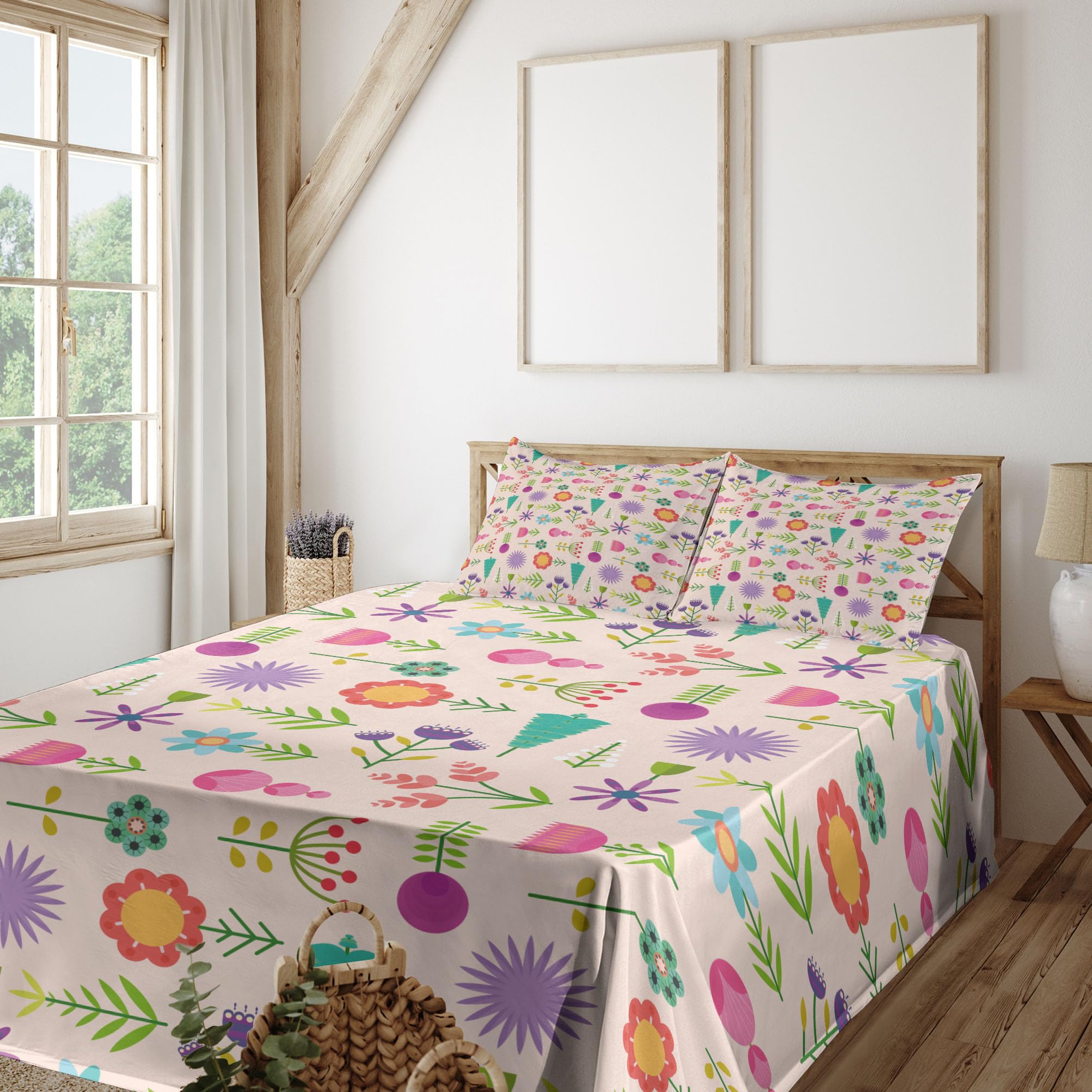 Ambesonne Floral Bed Sheet Set 4-Piece King Size - Abstract Colorful Flowers with Leaves Design, Pale Peach & Multicolor - Includes Fitted Sheet, Flat Sheet & 2 Pillowcases - Perfect for Master Bedroom, Guest Room & Cozy Home Decor