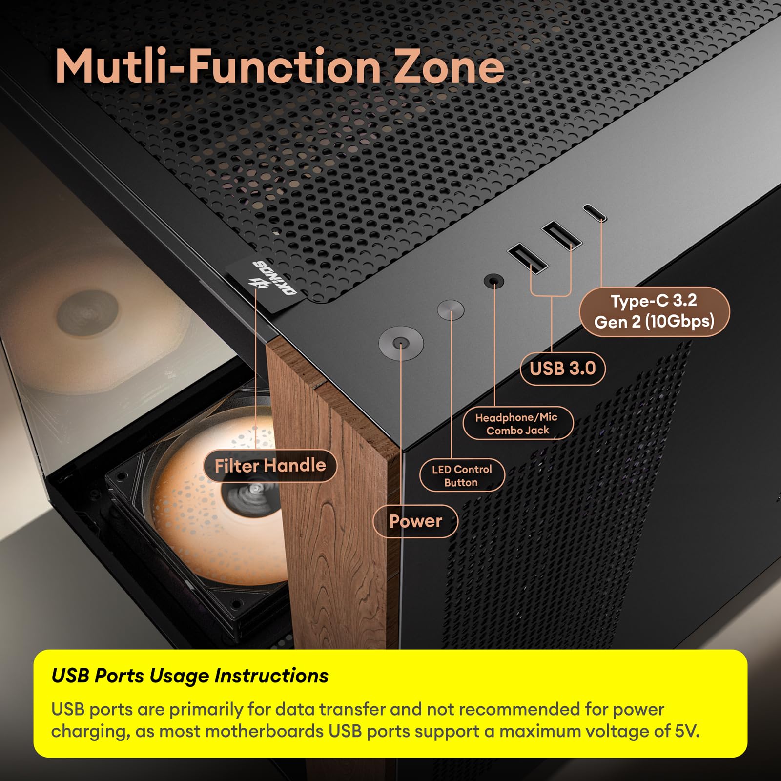 Premium Walnut Wood ATX Mid-Tower PC Case - 4 x 120mm ARGB PWM Fans Pre-Installed, USB Type-C Port, Tempered Glass Side Panel - Black Mirage 6 Gaming Computer Case for Home Office & Streaming Setup