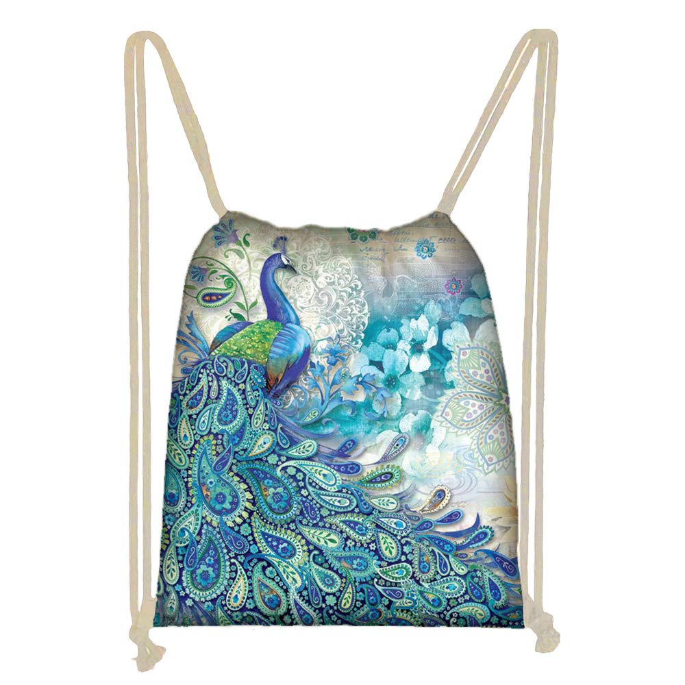 WELLFLYHOM Women's Peacock Print Drawstring Backpack - Durable Gym Bag with Thick Straps for School, Travel, Sports & Beach - Large Storage Daypack for Teens & Girls - Perfect for Workouts, Shopping & Outdoor Activities