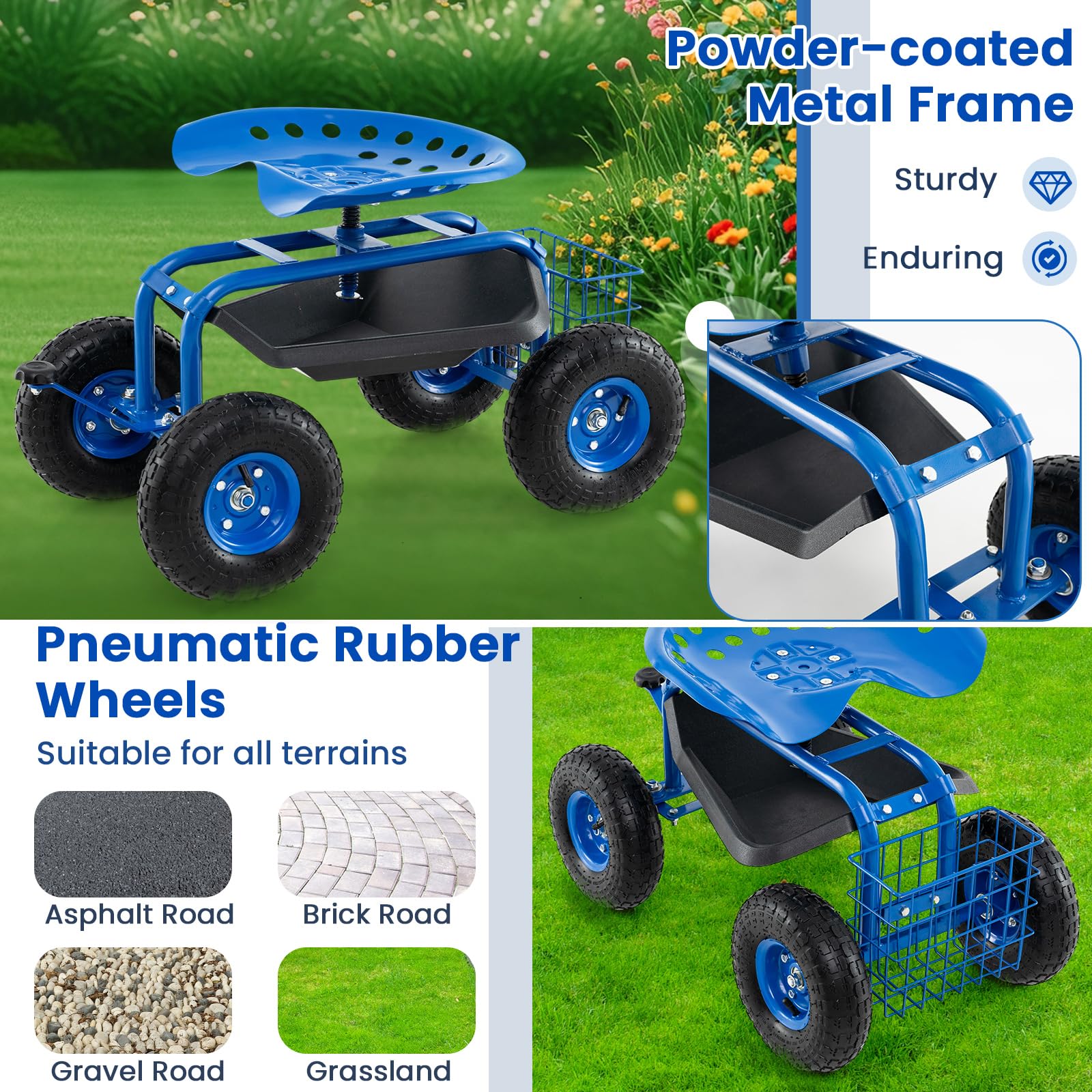 Giantex 360° Swivel Rolling Garden Work Seat with Wheels & Tools Basket - Adjustable Height Gardening Cart for Patio, Lawn, Yard - Outdoor Steerable Stool for Planting, Weeding & Landscaping (Blue)