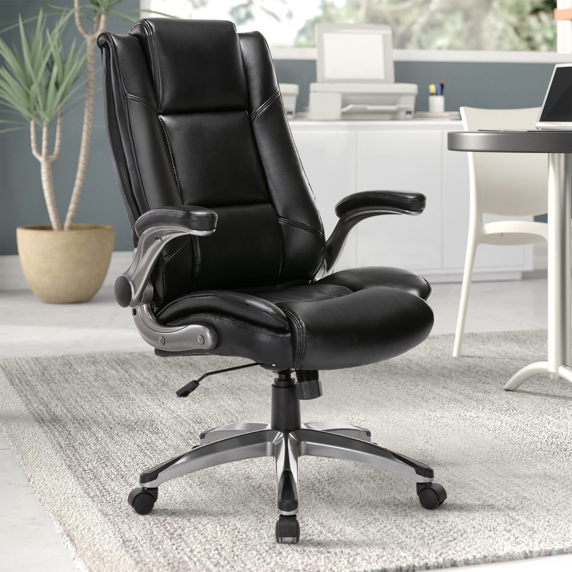 COLAMY High Back Leather Office Chair with Flip-Up Arms - Adjustable Swivel Executive Desk Chair with Thick Padding for Comfort & Ergonomic Support - Perfect for Home Office & Workspace (Black)