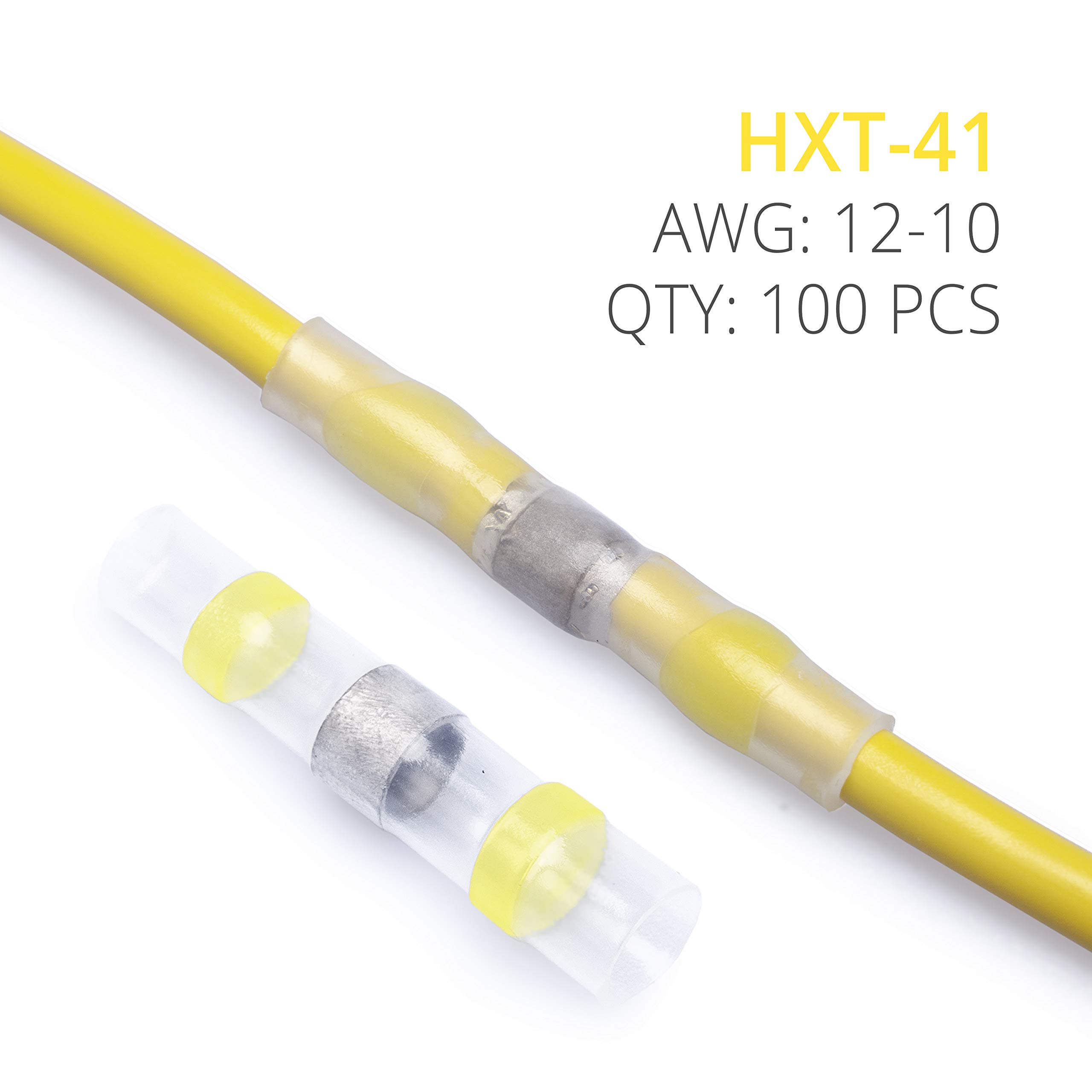 Wirefy 100 PCS Heat Shrink Solder Seal Wire Connectors - Waterproof Self-Soldering Butt Connectors for 12-10 AWG Wires (Yellow) - Ideal for Automotive, Marine & Electrical Repairs
