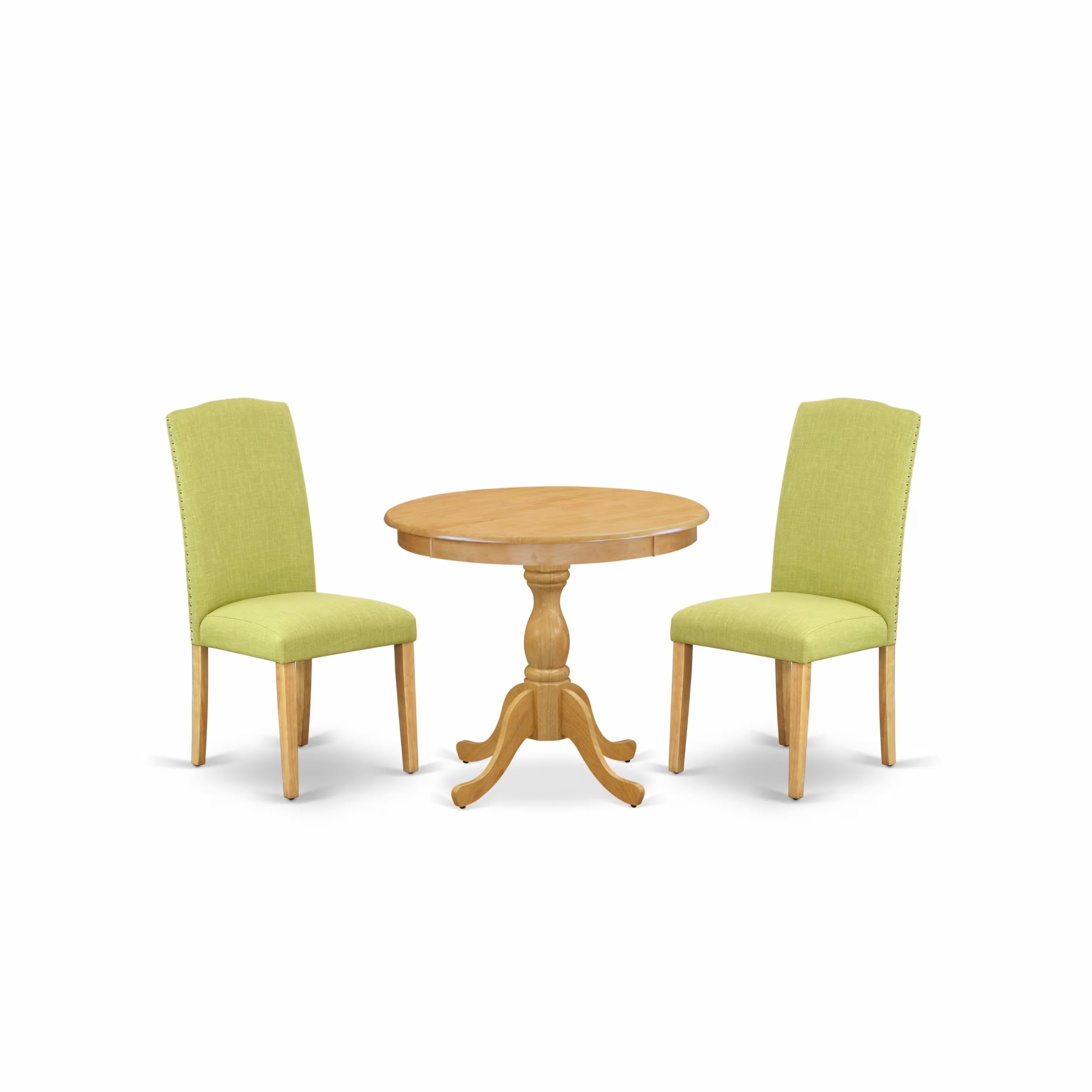 East West Furniture 3-Piece Kitchen Table Set - Round Oak Dining Table with Pedestal Base & 2 Limelight Linen Fabric Parson Chairs, 36x36 Inch - Perfect for Small Spaces, Breakfast Nooks & Cozy Dining Areas
