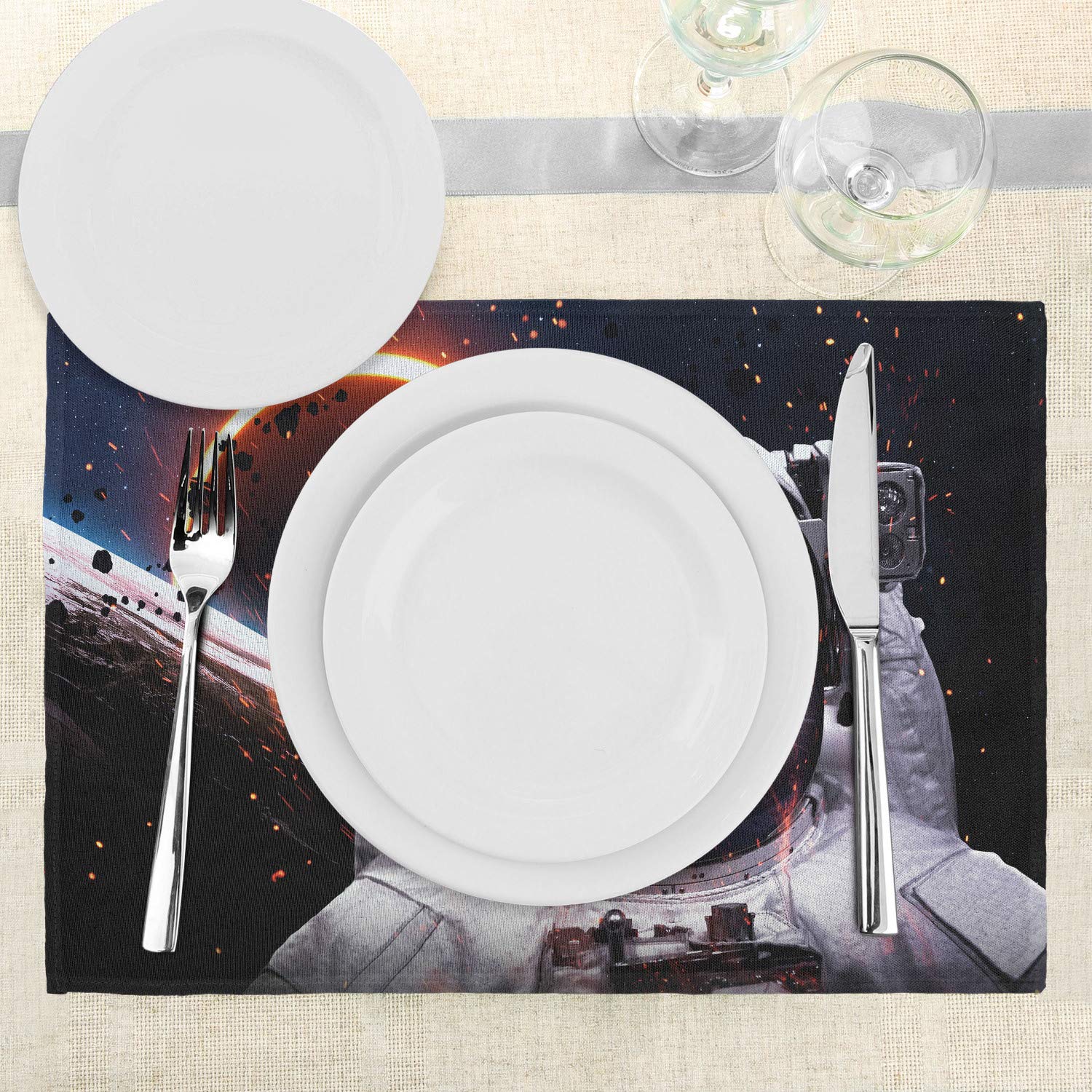 Ambesonne Space Cat Placemats Set of 4 - Astronaut Cat in Galaxy Comet Space Theme, Washable Fabric Dining Table Mats for Kitchen & Home Decor (Dark Blue, White, Black) - Perfect for Dinner Parties, Daily Meals & Space-Themed Decor
