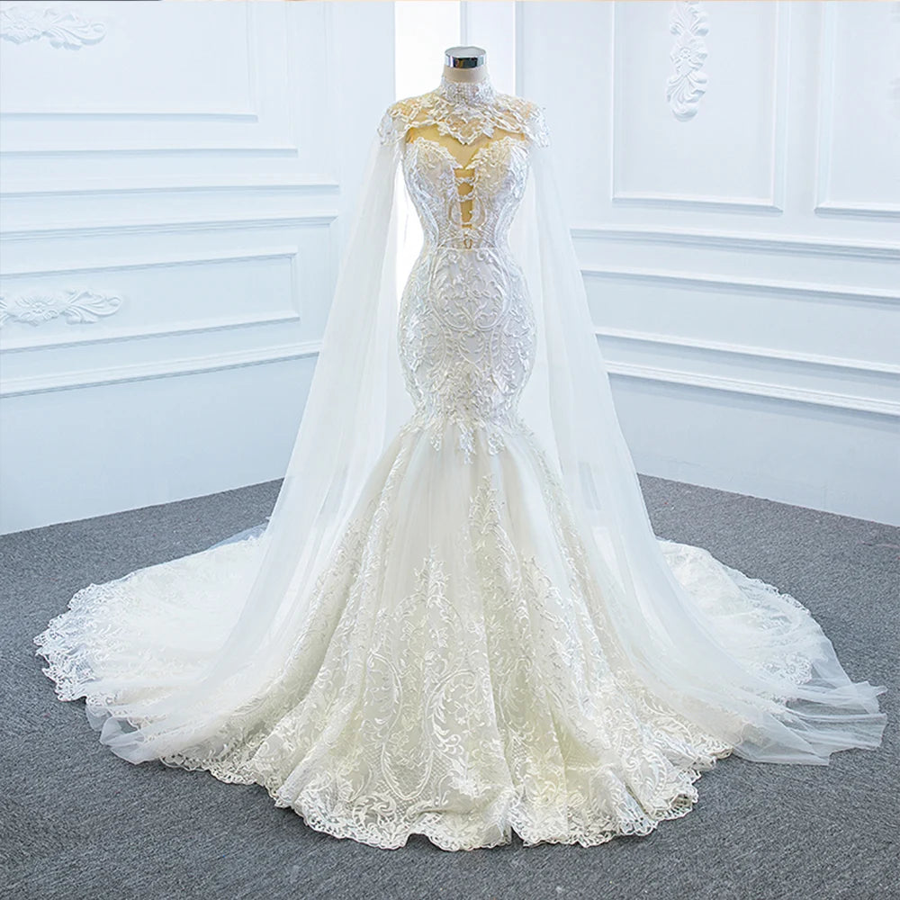 Luxury Mermaid Wedding Dress with Detachable Shawl - Off Shoulder Elegant Bridal Gown for Beach, Church, and Formal Weddings