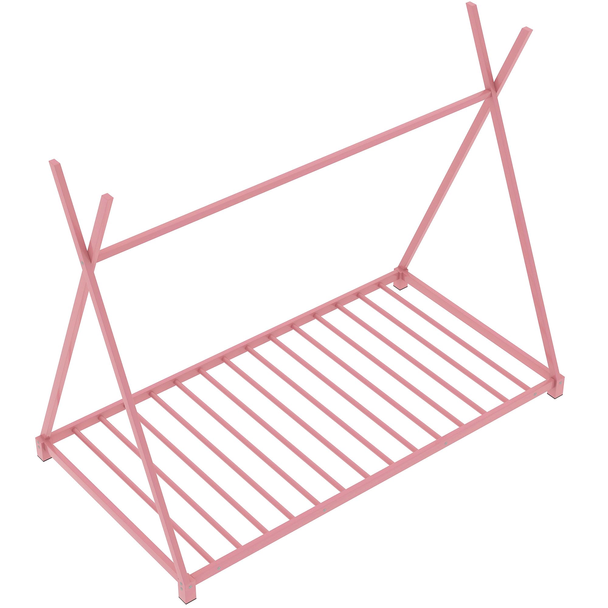 Montessori Twin Floor Bed Frame with Slats & Triangle Structure - Sturdy House Bed for Kids, Boys & Girls - Pink Wooden Toddler Bed for Playroom, Nursery or Kids Bedroom