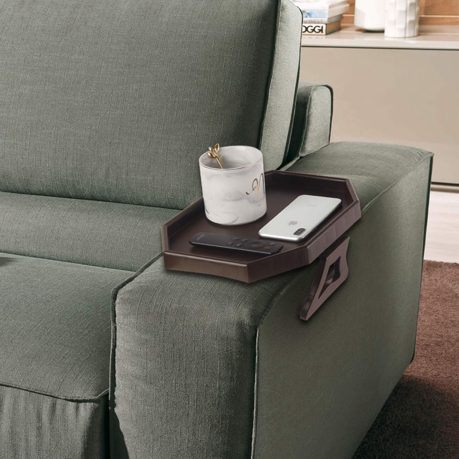 Foldable Plastic Clip-On Armrest Tray Table - Sofa Couch Snack & Drink Holder for Remote Control, Books, and Laptops - Perfect for Living Room, Bedroom, or Office Use (Brown)