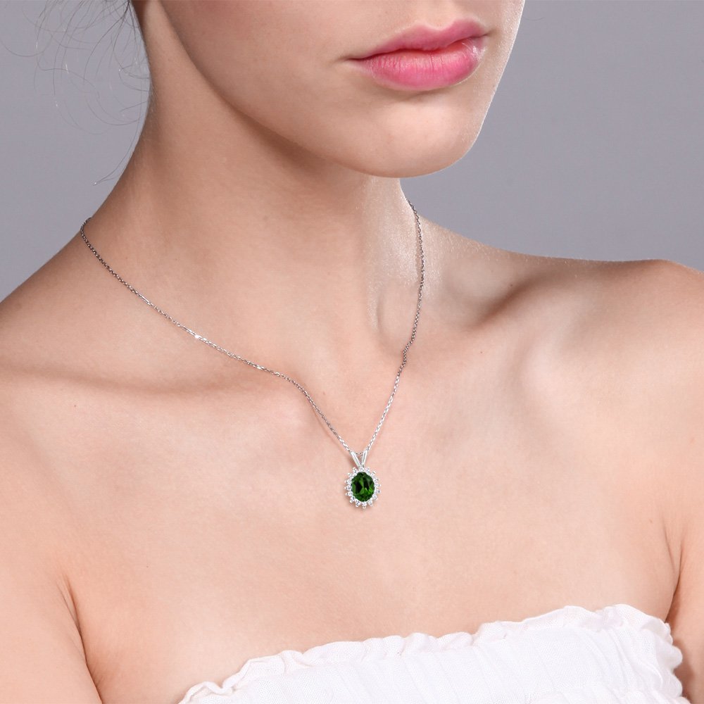 Gem Stone King 925 Sterling Silver Oval Gemstone Birthstone Pendant Necklace for Women | 8X6MM Oval Halo Pendant with 18 Inch Chain | Perfect Gift for Birthday, Anniversary & Mother's Day